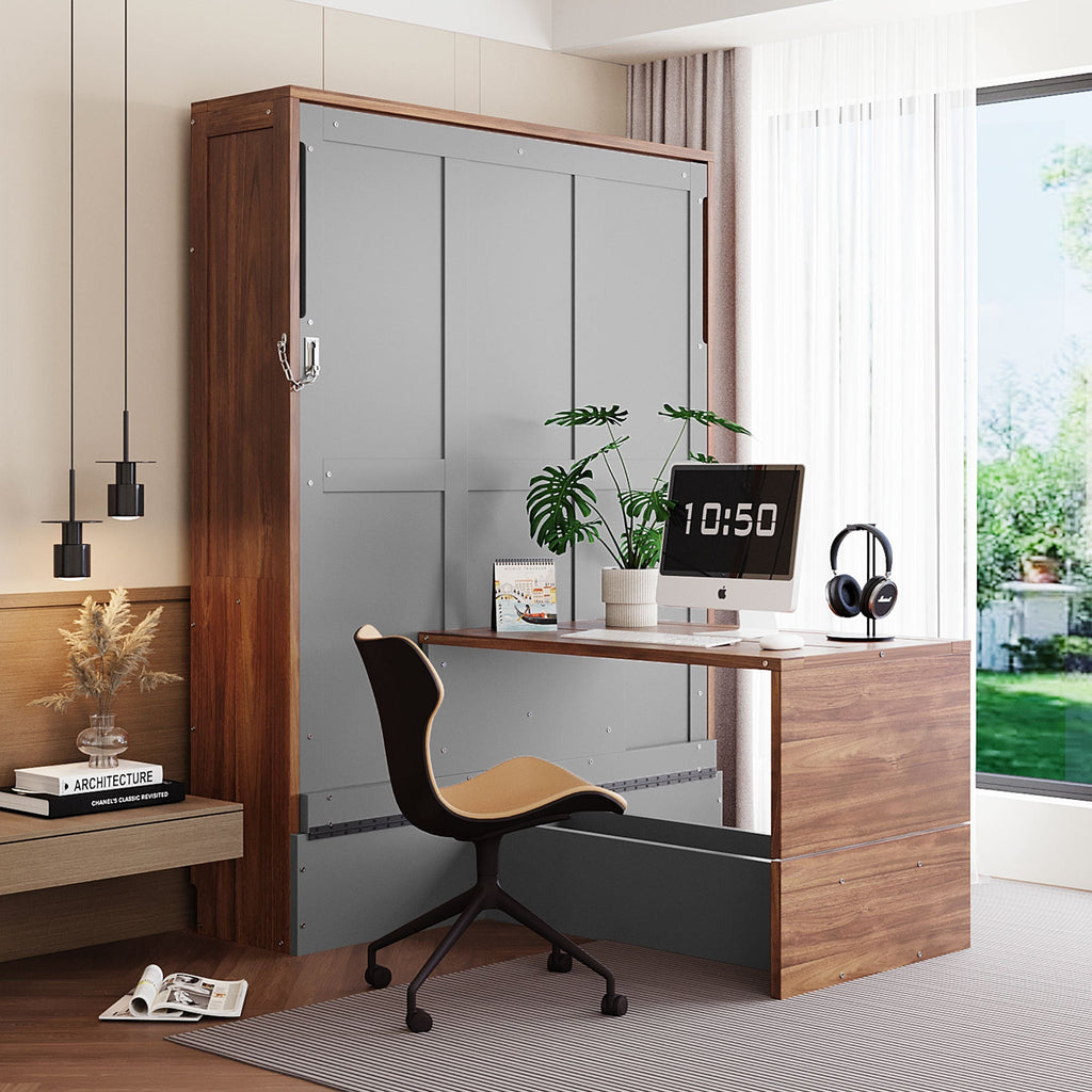 Full Size Murphy Bed with Foldable Desk – Space Saving Wall Bed - Walnut & Gray