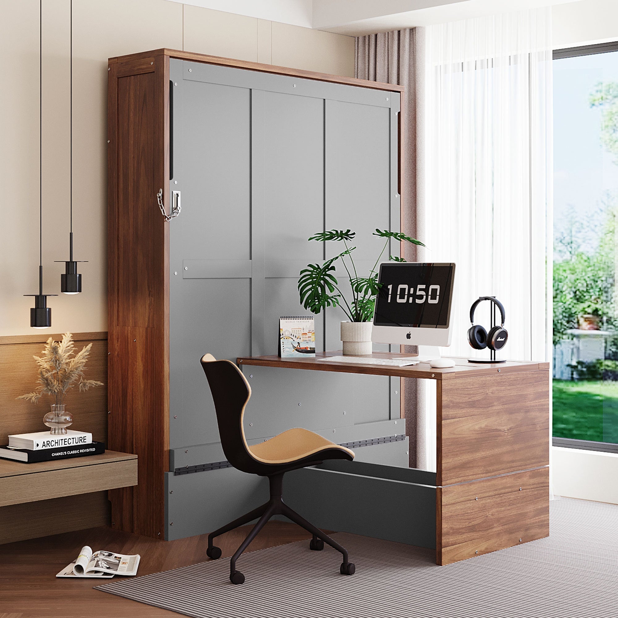 Full Size Murphy Bed with Foldable Desk – Space Saving Wall Bed - Walnut & Gray