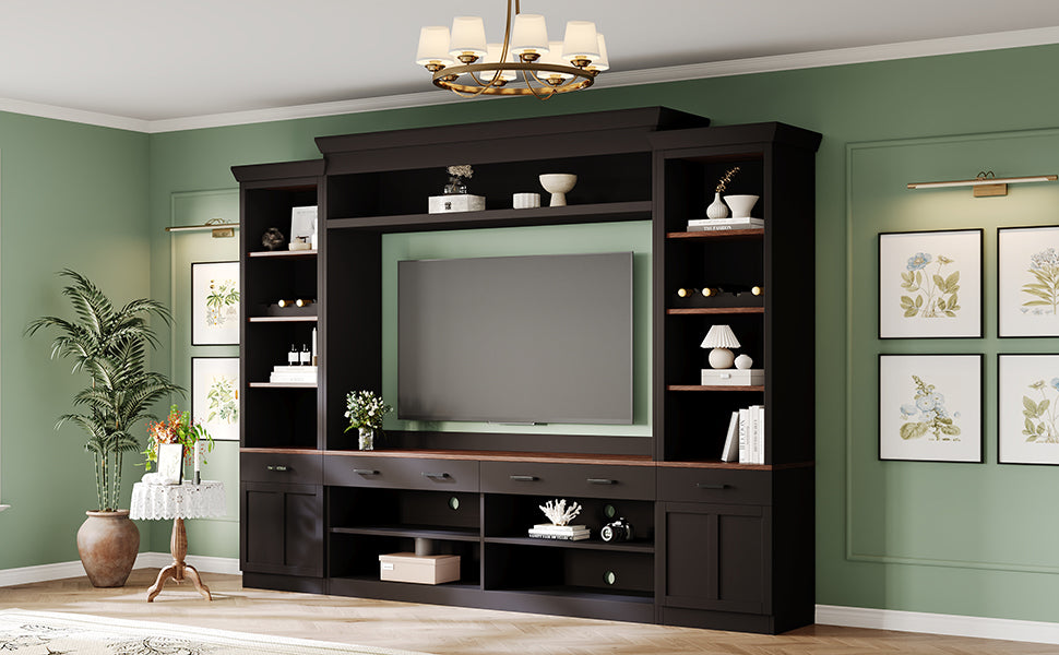ON-TREND Farmhouse 4-Piece Entertainment Wall Unit Set with Bookshelf for TVs Up to 70', Walnut TV Stand with Adjustable Shelves, Mid-Century Large Media Console with Wine Rack for Living Room, Black