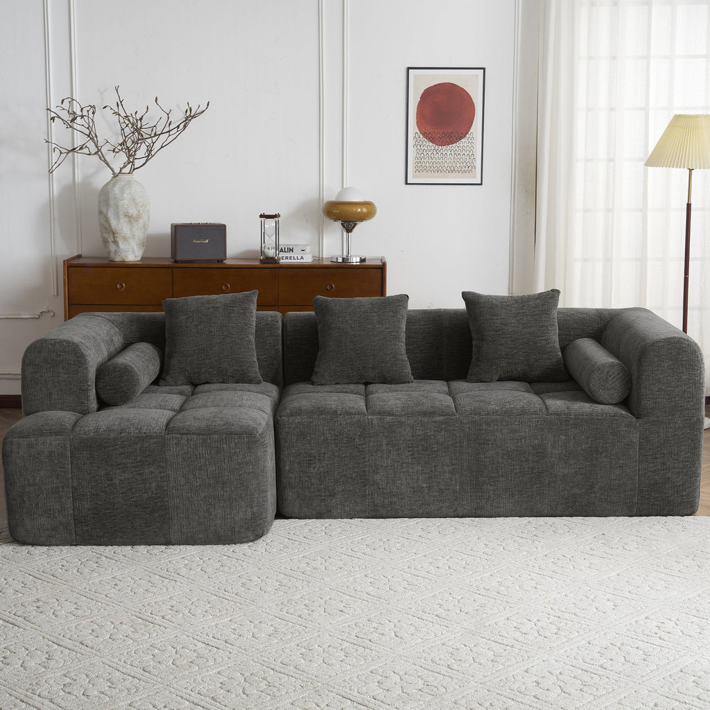 Modern Grey Modular Sectional Sofa with Deep Seating and Side Pockets in Chenille Fabric
