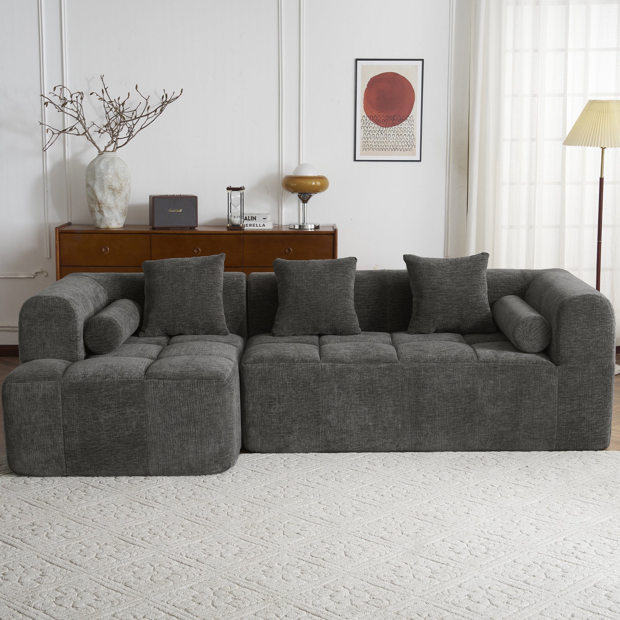 Modern Grey Modular Sectional Sofa with Deep Seating and Side Pockets in Chenille Fabric