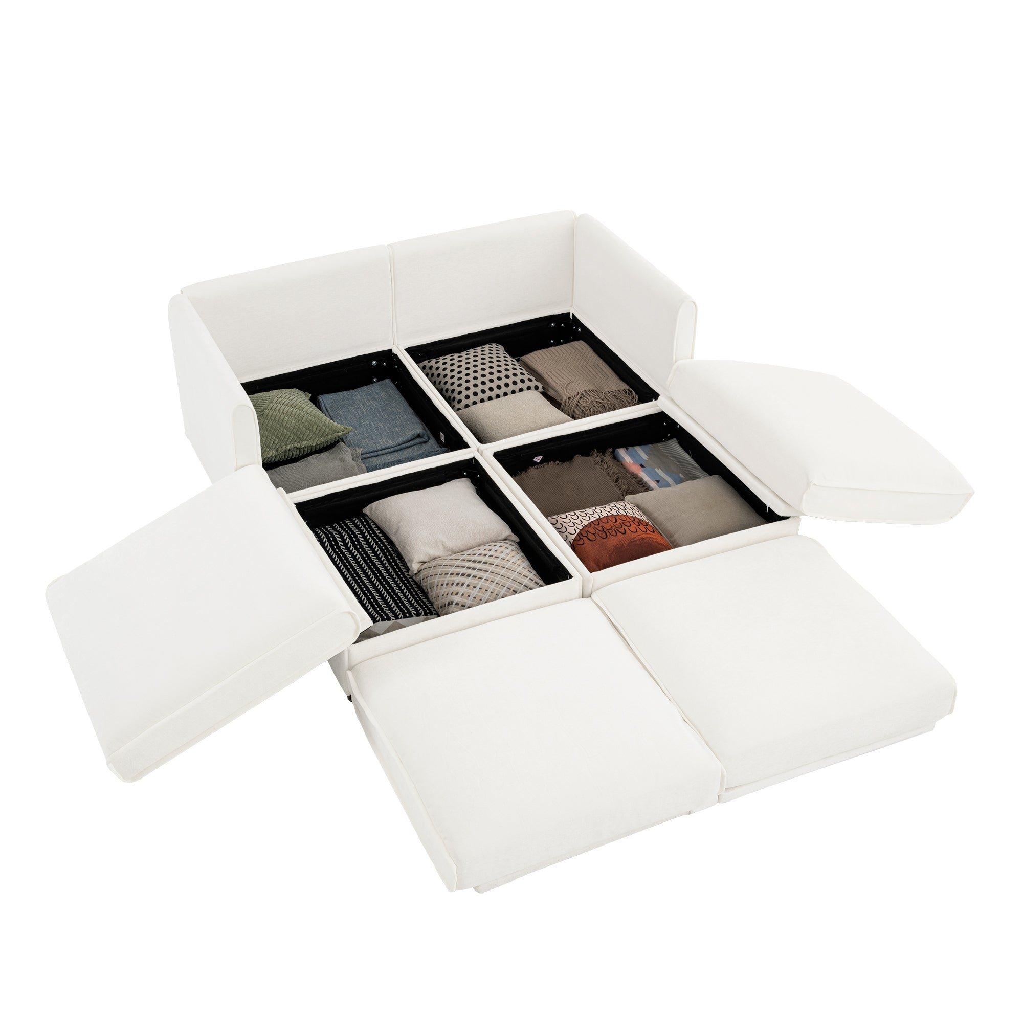 Stylish White Chenille 2-Seater Sofa with 2 Ottoman Storage Seat, Cylindrical Backrest and Armrests, Modern Fabric Loveseat Featuring Hidden Storage Space