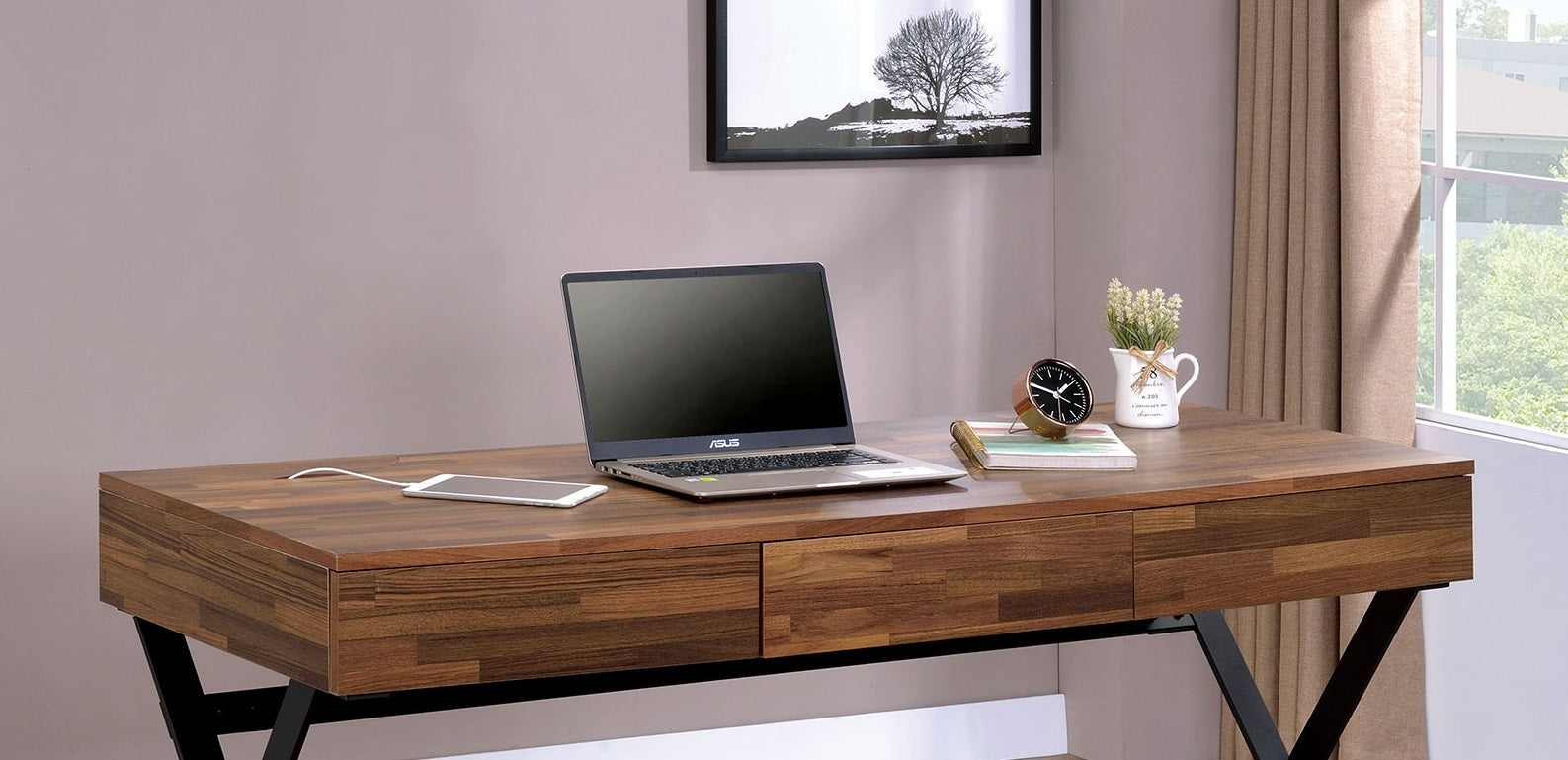 Industrial Computer Desk With Three Storage Drawers USB And Power Outlet, X-Cross Legs Black