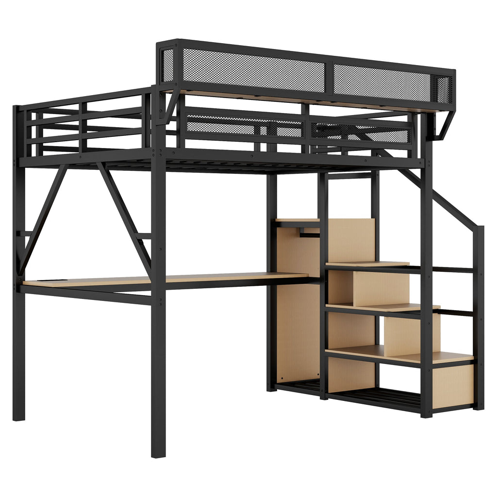 Full Loft Bed with Desk and Charging Station, Full Size Metal Loft Bed with Stairs and Light for Kids Teens, Black, Patent Products