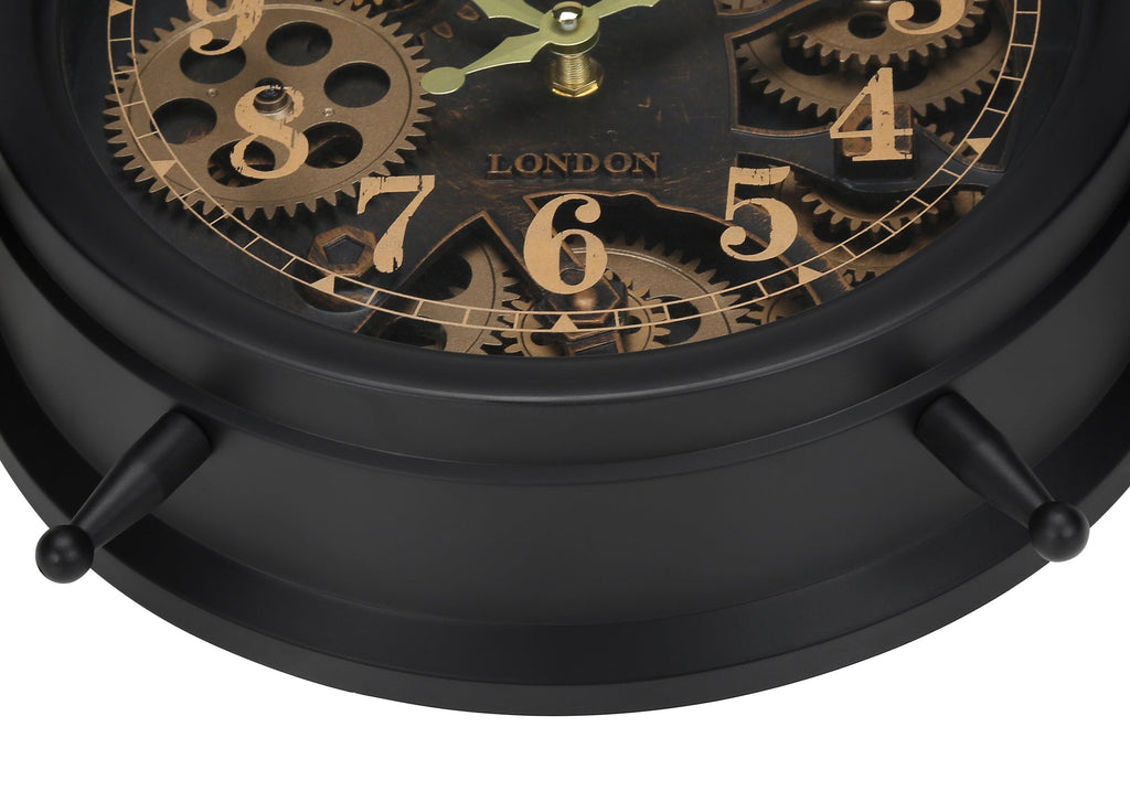 Clocks, 12' Round, Gear Mechanism, Table Clock, Brown, Transitional