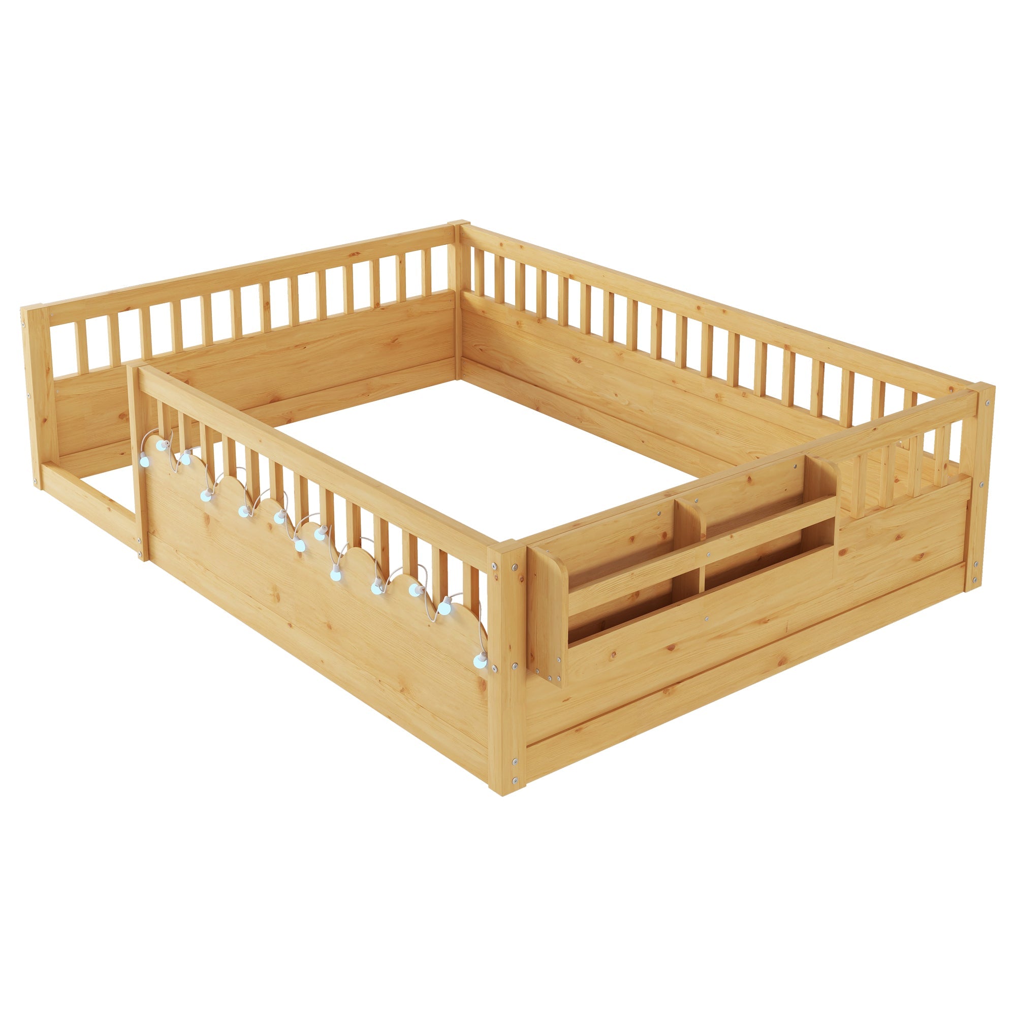 Full Montessori Floor Bed Frame with High Rails, Wood Kids Floor Beds with Light and Storage Shelf, Natural (Expect Arrival Date 2025/8/15)