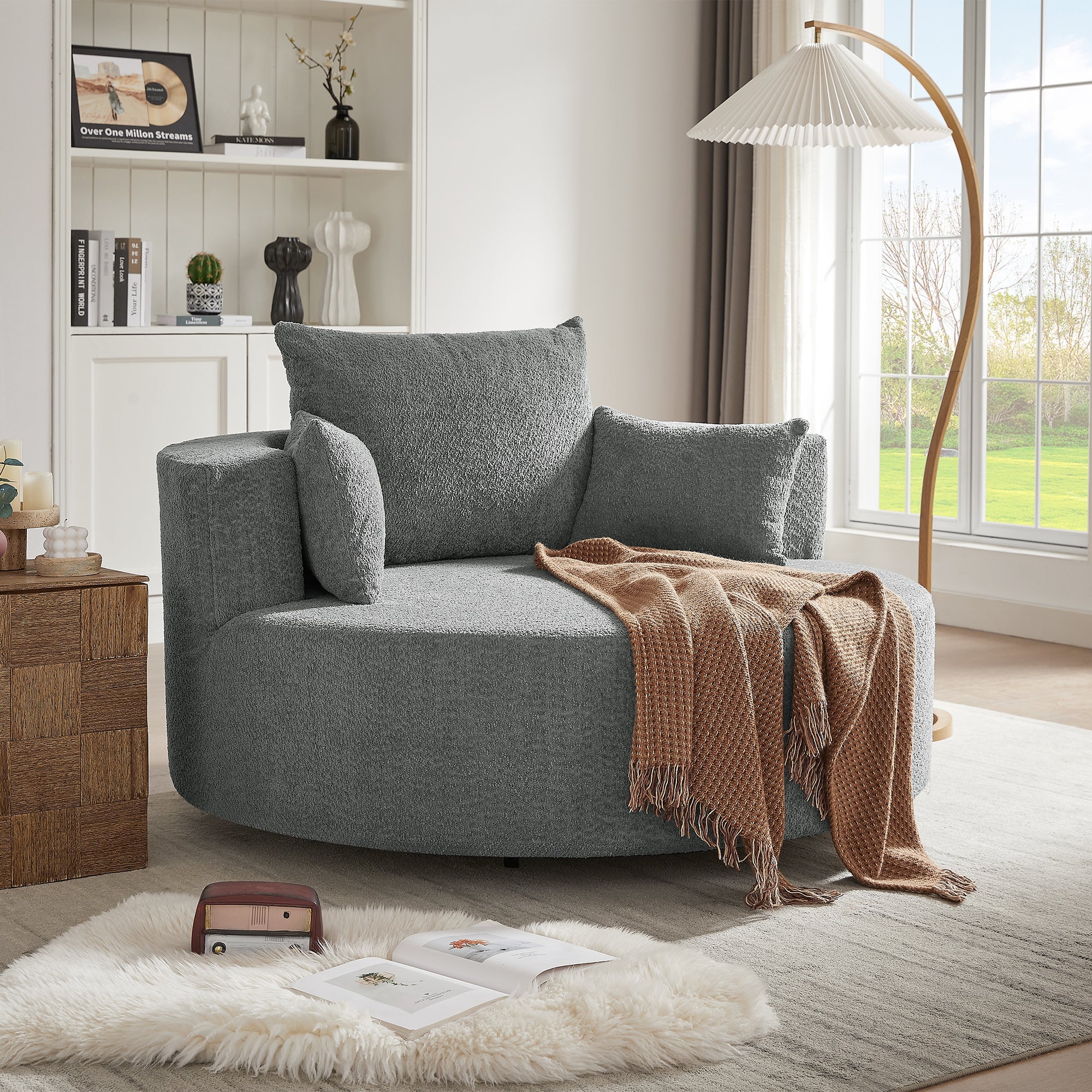 Modern Accent Swivel Barrel Chair with Removable Pillows, Grey Chenille, 56.3x56.3x35.5 in