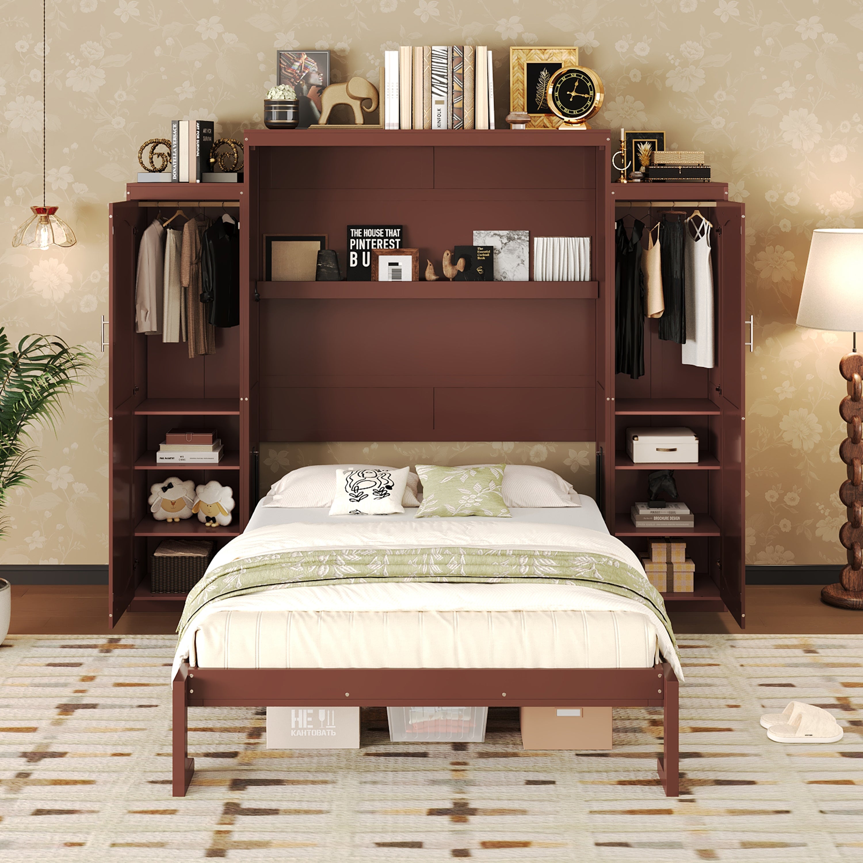 Queen Size Murphy Bed, Wooden Queen Wall Bed with 2 Wardrobe and Storage Shelf, Multifunctional Foldable Platform Bedframe for Guest-Room, Bedroom, Walnut