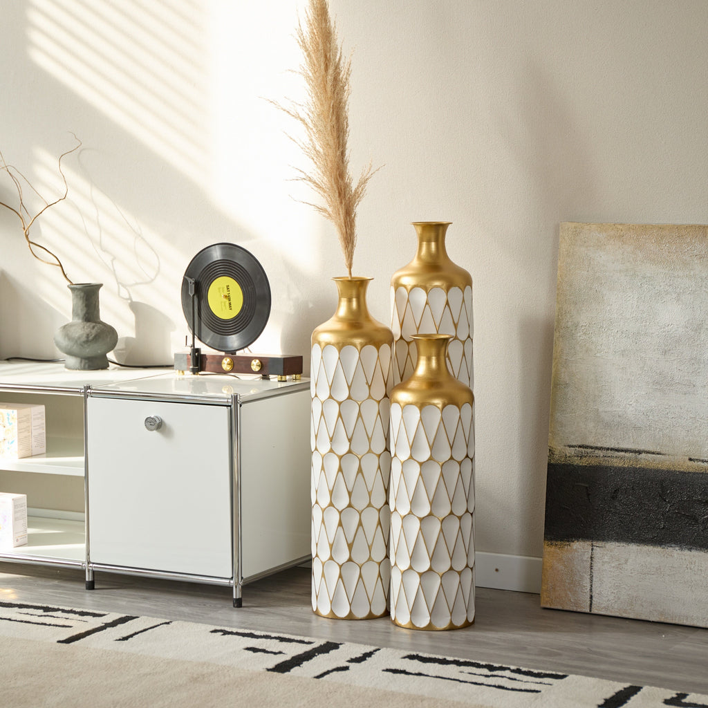 Floor Metal Vase Modern Style Decoration Home Droplet Shaped White Metal Vase 3-piece Set Gorgeous Home Decoration Large Glazed Metal Vase