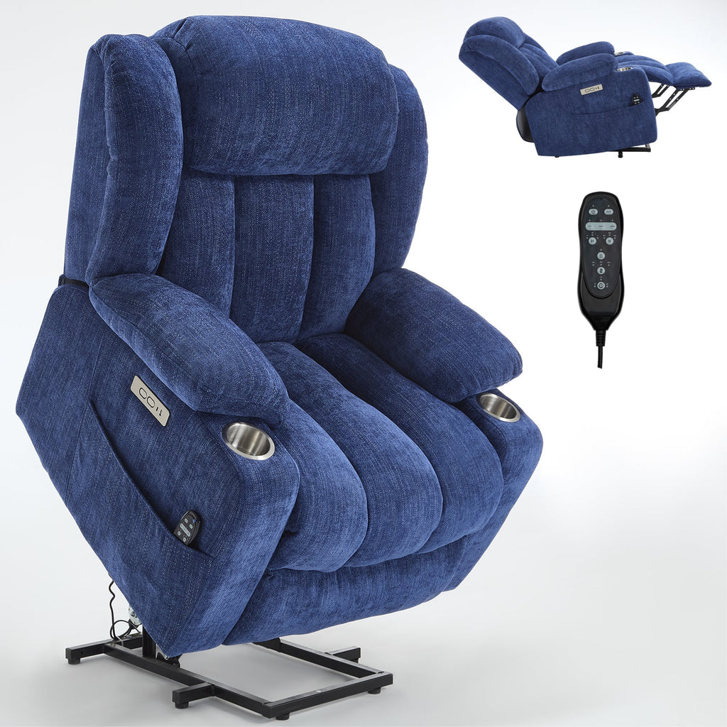 Up to 350 LBS Chenille Power Lift Recliner Chair, Heavy Duty Motion Mechanism with 8-Point Vibration Massage and Lumbar Heating, USB and Type-C Ports, Stainless Steel Cup Holders, Blue