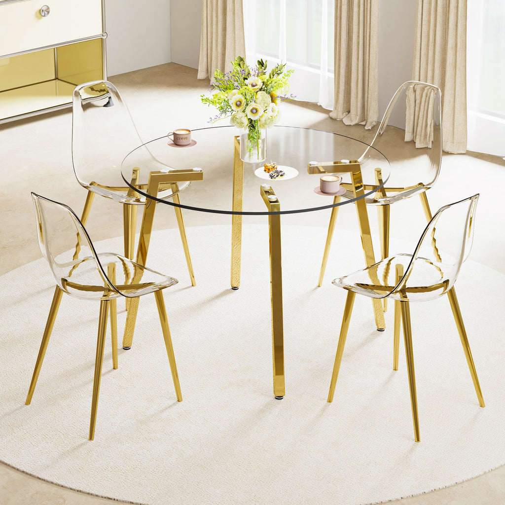 Modern minimalist style circular transparent tempered glass table, tempered glass tabletop, golden metal legs, suitable for kitchen, dining room, and living room, 42 '* 42' * 29.5 '1123r