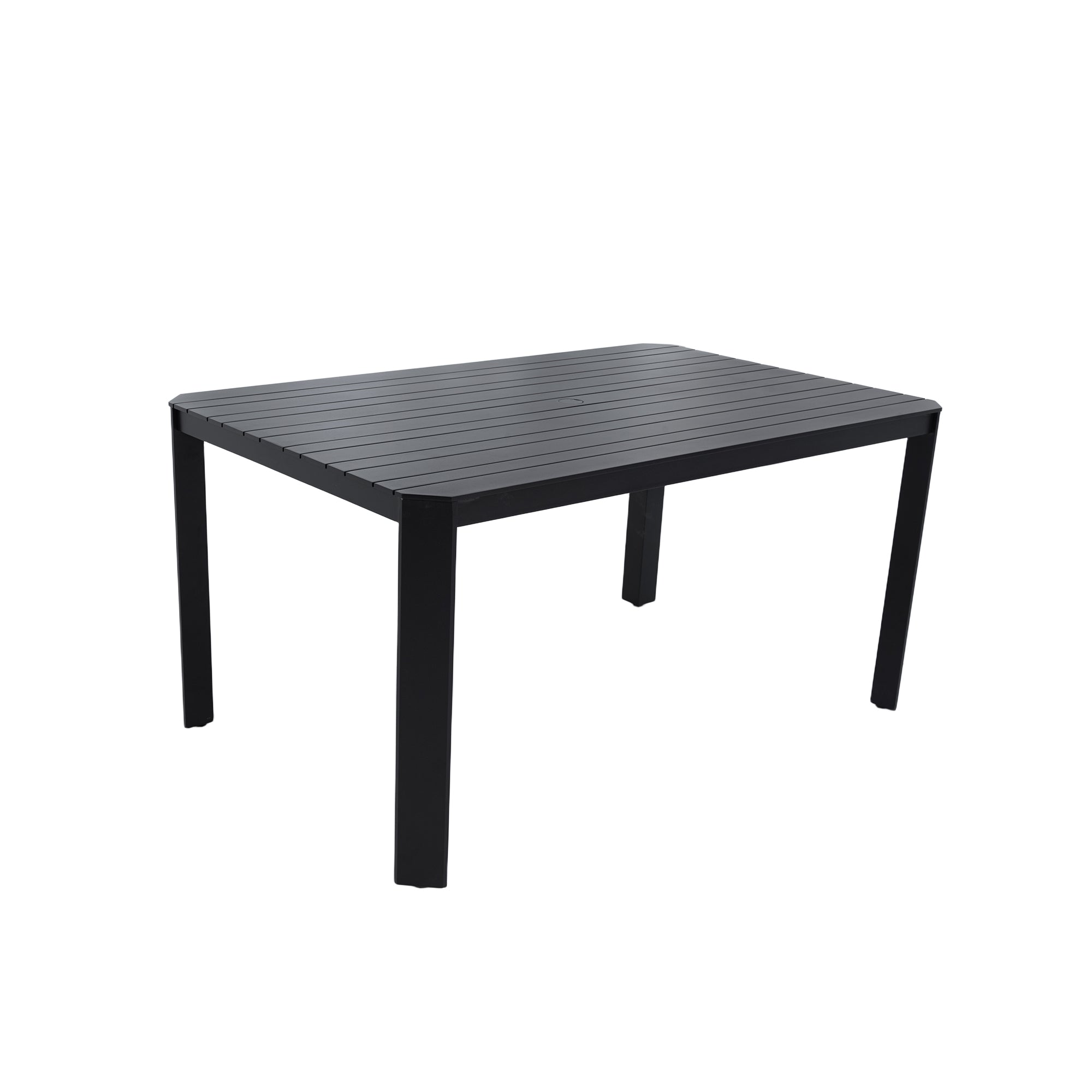 Modern Outdoor Aluminum Table with Alternating Wide and Narrow Slats, Angled Corners, 2' Big Umbrella Hole, and Adjustable Non-Slip Pads, Bourbon Brown
