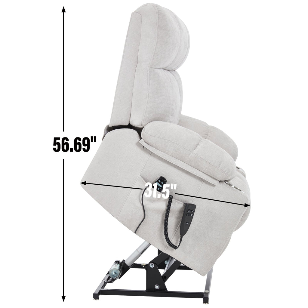 Beige Dual Motor Infinite Position Up to 350 LBS Chenille Power Lift Recliner Chair, Heavy Duty Motion Mechanism with 8-Point Vibration Massage and Lumbar Heating, Dual Cup Holders