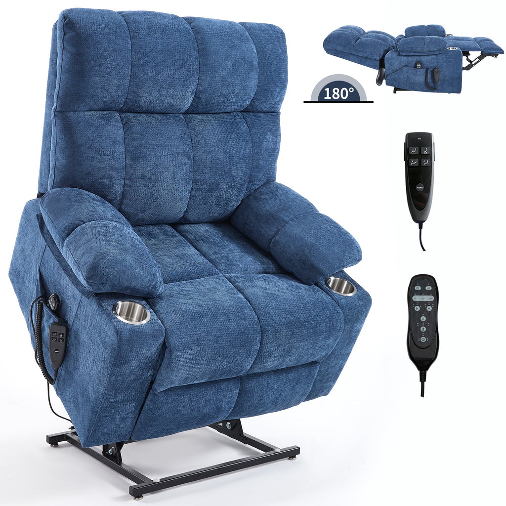 Blue Dual Motor Infinite Position Up to 350 LBS Chenille Power Lift Recliner Chair, Heavy Duty Motion Mechanism with 8-Point Vibration Massage and Lumbar Heating, Dual Cup Holders