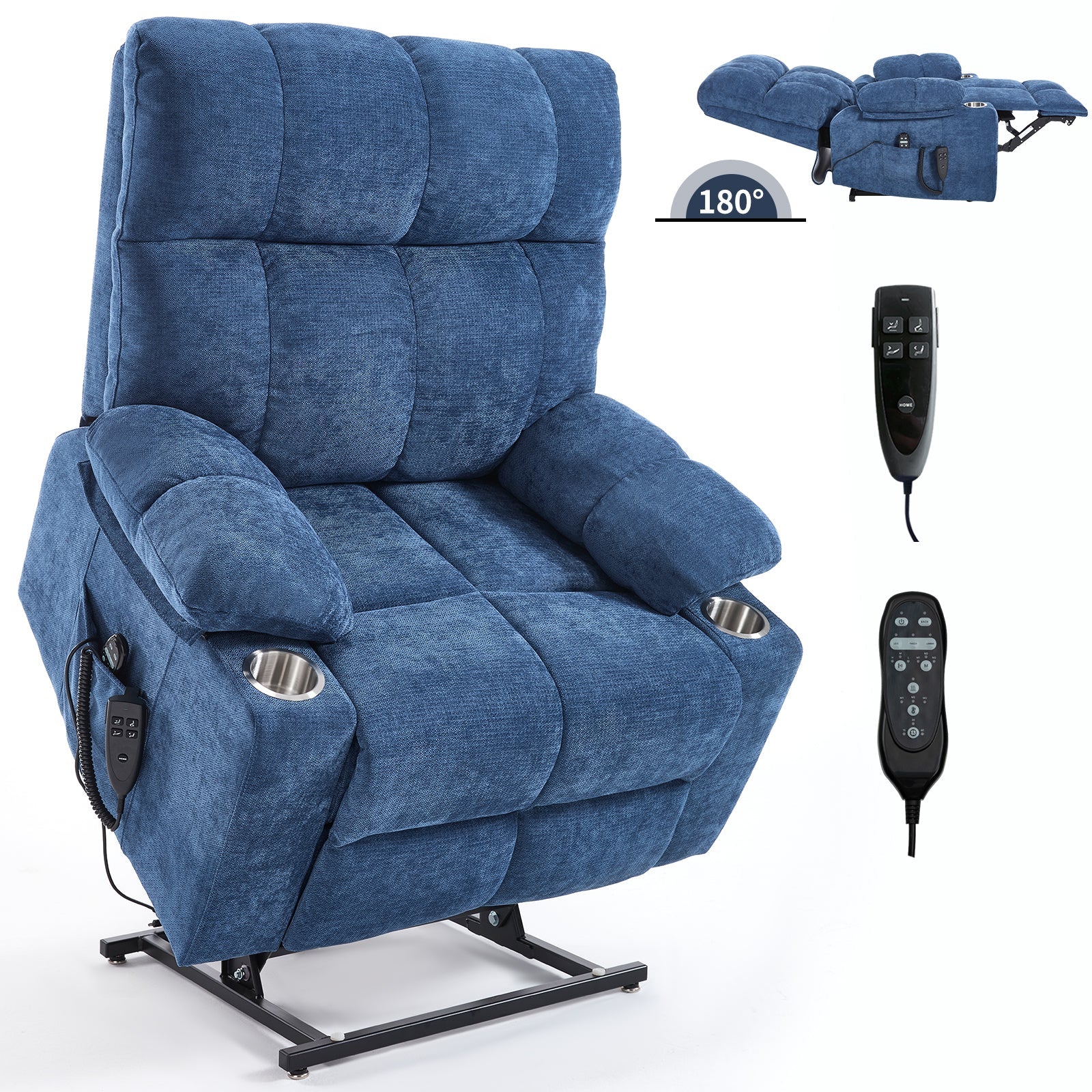 Blue Dual Motor Infinite Position Up to 350 LBS Chenille Power Lift Recliner Chair, Heavy Duty Motion Mechanism with 8-Point Vibration Massage and Lumbar Heating, Dual Cup Holders