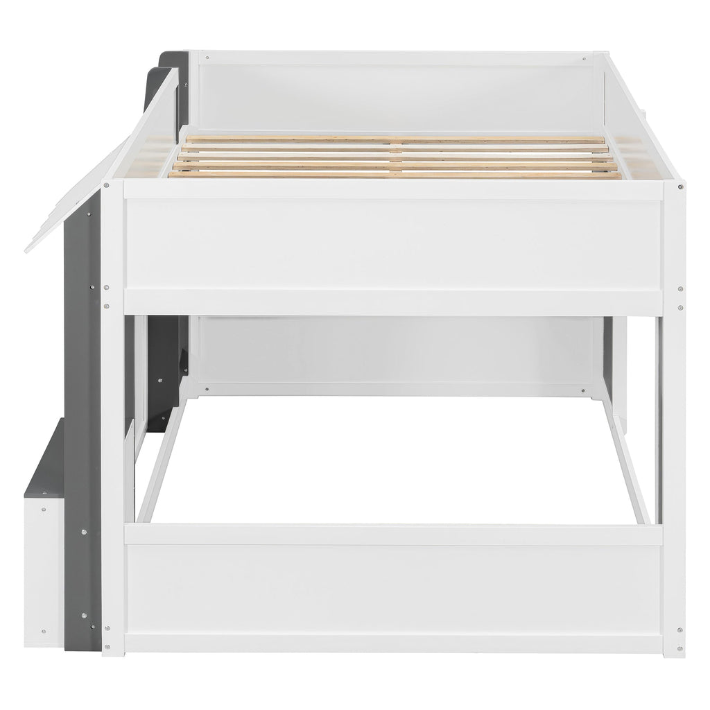 Full Loft House Bed with Playhouse & Storage, Modern Wood Cabin Bed for Kids/Teens, White+Gray