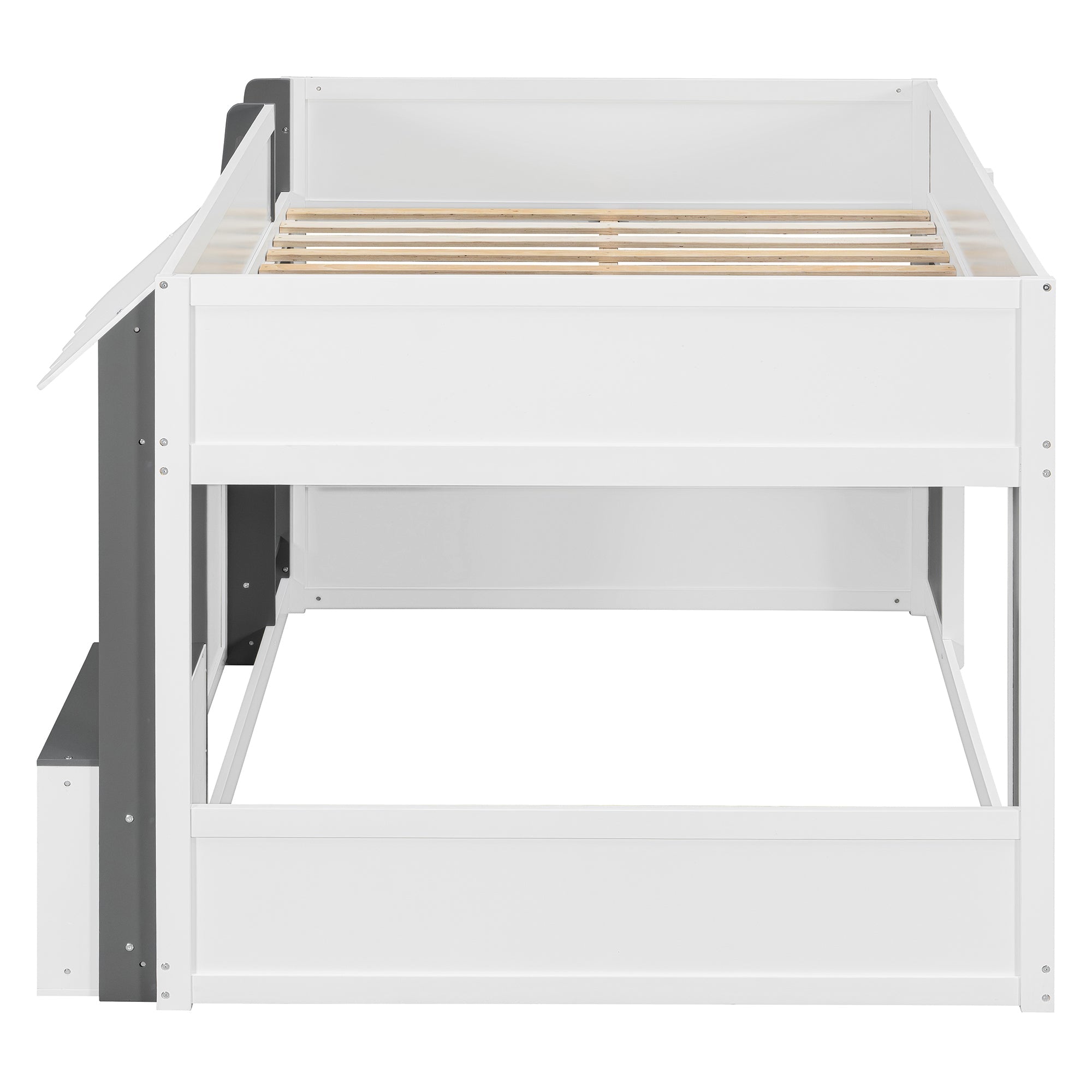 Full Loft House Bed with Playhouse & Storage, Modern Wood Cabin Bed for Kids/Teens, White+Gray