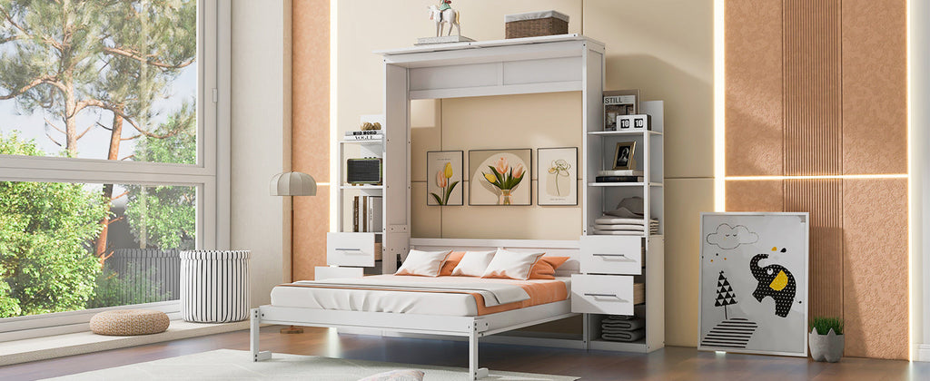 Queen Size Murphy Bed Wall Bed with Shelves, Drawers and LED Lights,White(OLD SKU:LP000566AAK-1)