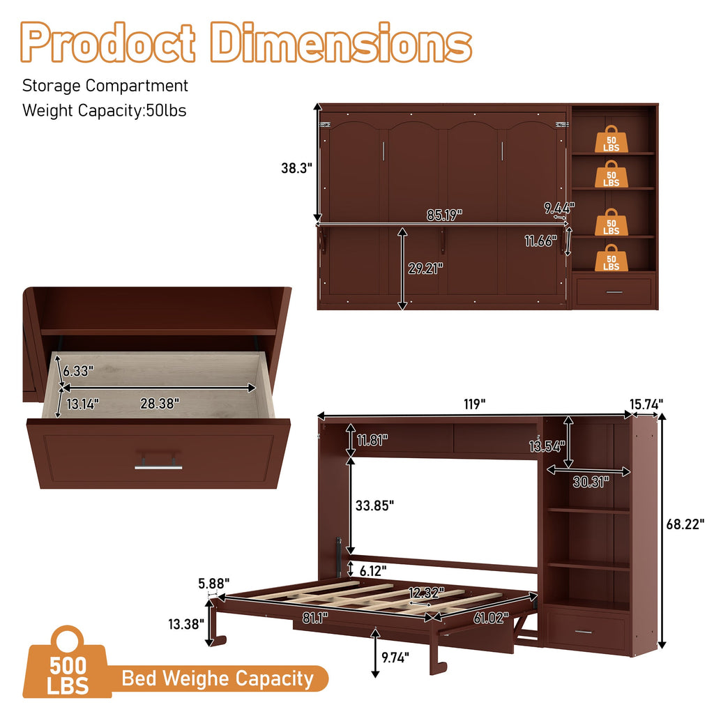 Queen Size Murphy Bed with Height Adjustable Storage Compartments and Shelf, Wall Bed Frame With 1 Drawer, Multifunctional Foldable Platform Bed for Small Space,Bedroom,Guest Room, Walnut