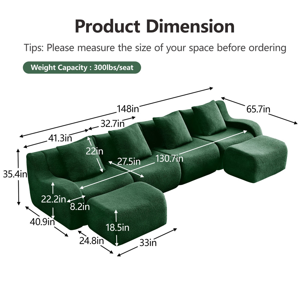 U-Shaped Boneless Sofa,Teddy Fabric No assembly required   Curved armrest,Anti-slip Design,Streamlined Design 32D High Density Sponge,Full Compression Vacuum Packag,For Studies living Rooms,Green