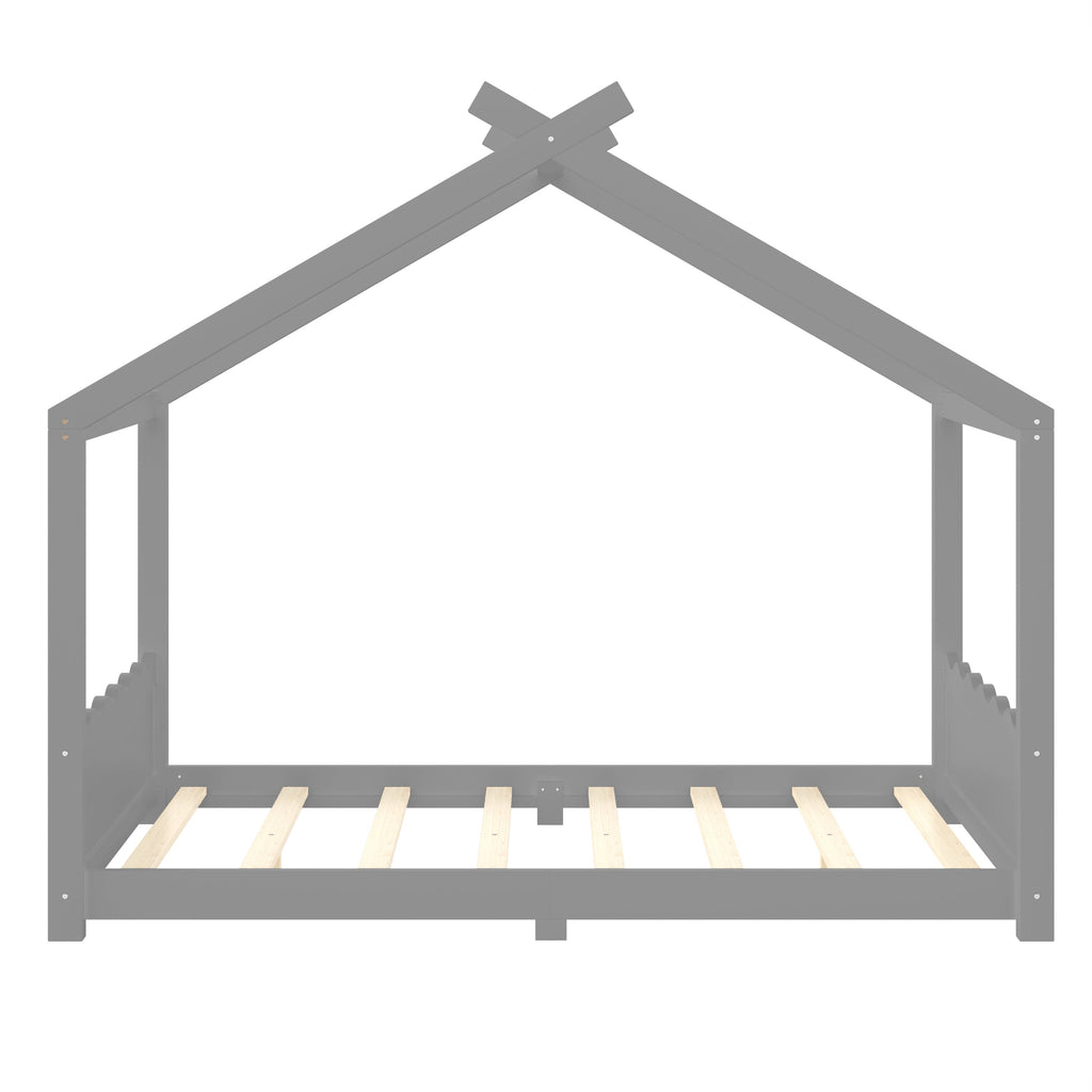 Full House Floor Bed with Support Slats, Solid Wood House Bed Frame for Kids, No Box Spring Needed and Opening Constructure, Gray