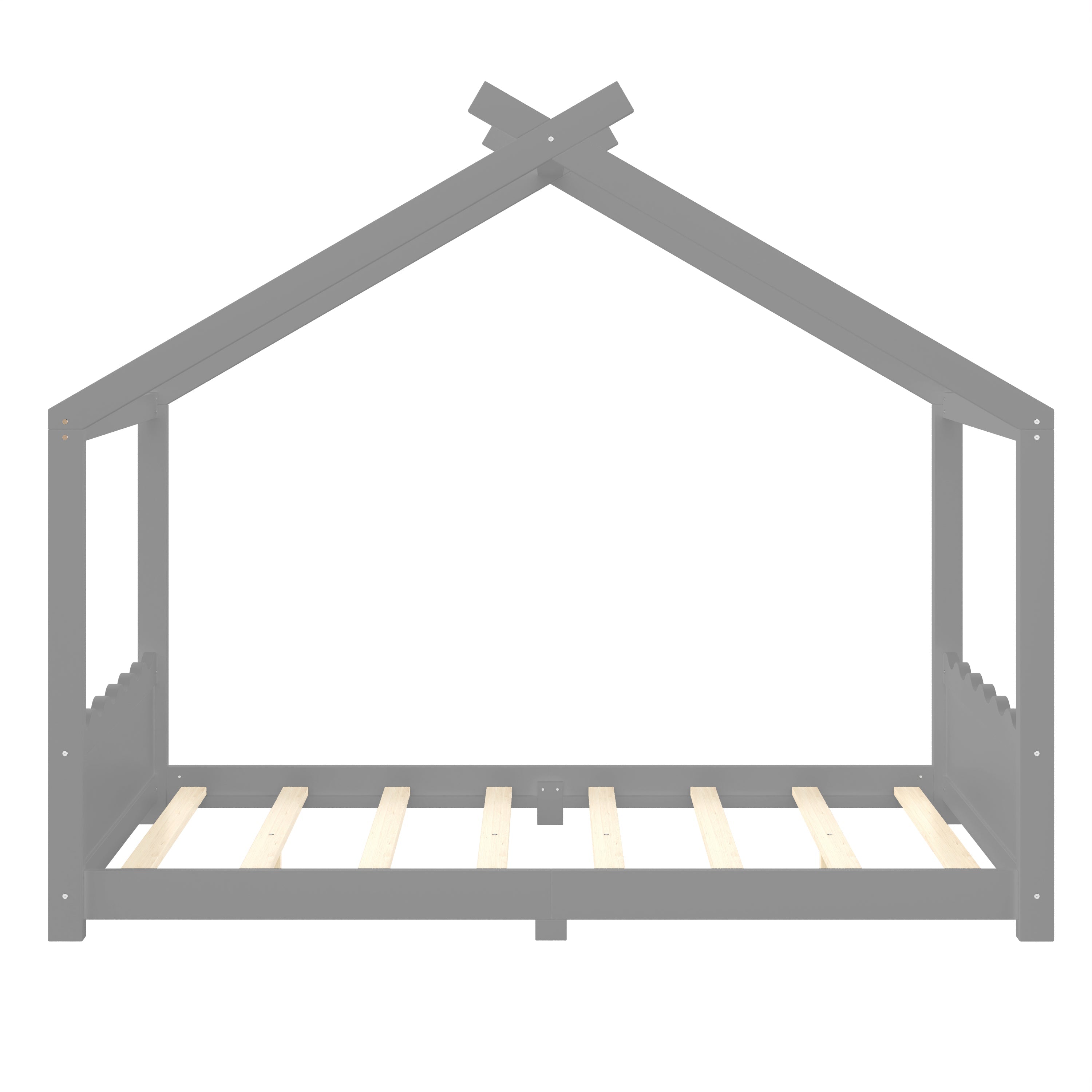 Full House Floor Bed with Support Slats, Solid Wood House Bed Frame for Kids, No Box Spring Needed and Opening Constructure, Gray