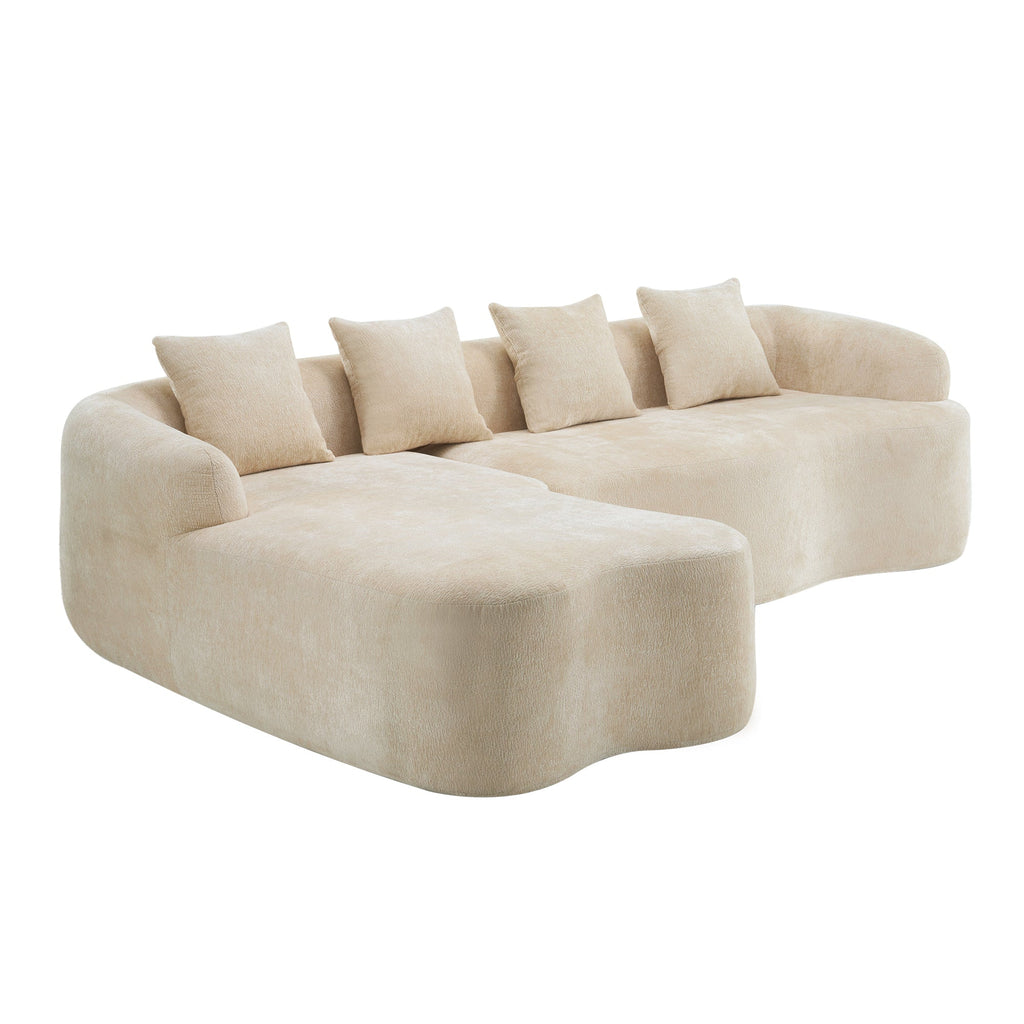 Full Compression L-Shape Sectional Sofa with Curved Chaise, Beige Modular Chenille Couch, High-Density for Apartment Living Room