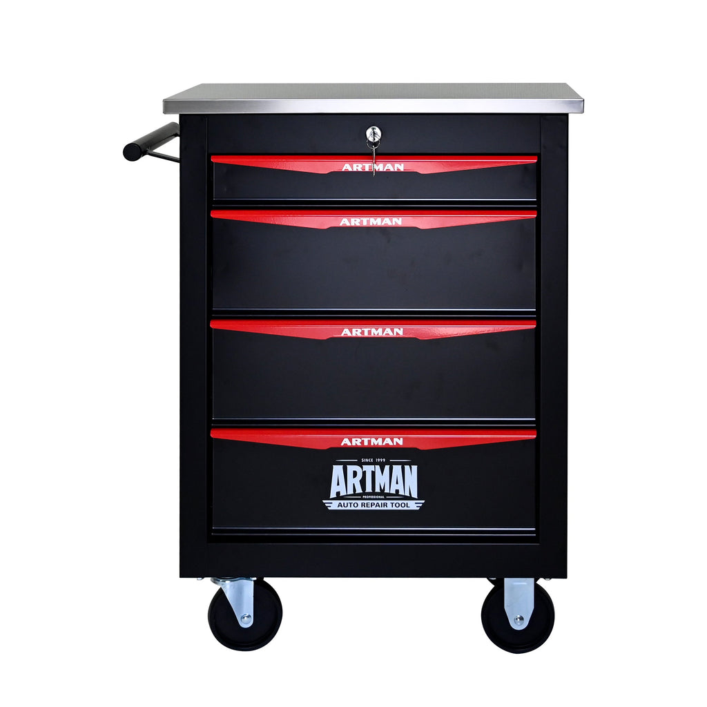 4-Drawer Multifunctional Tool Cart with Wheels, Metal Rolling Tool Cart Storage for Garage Workshop Warehouse Repair Shop - with Stainless Steel Roof - Black & Red
