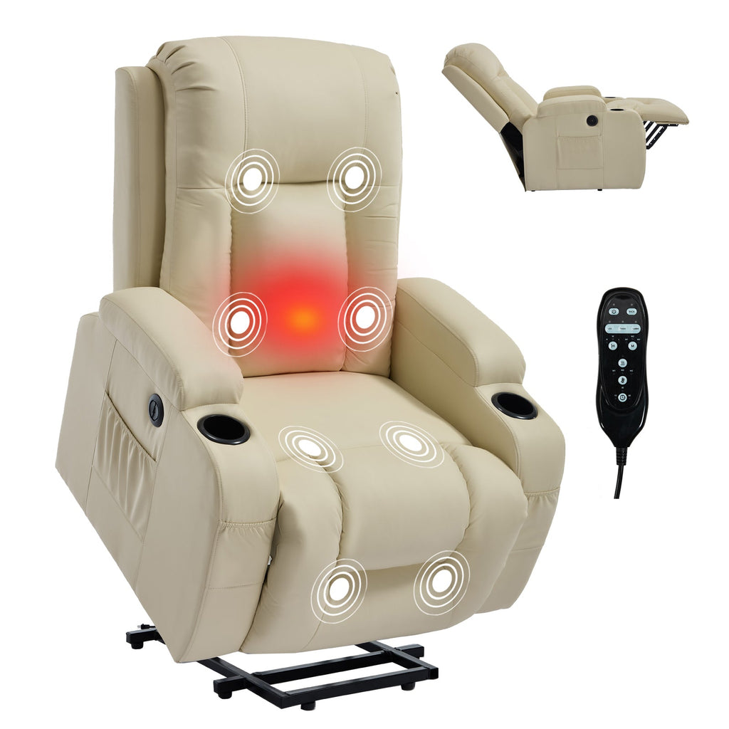 Beige PU Infinite Position Up to 350 LBS Power Lift Recliner Chair for Elderly, Heavy Duty Motion Mechanism with 8-Point Vibration Massage and Lumbar Heating, USB Charging Port, Cup Holders