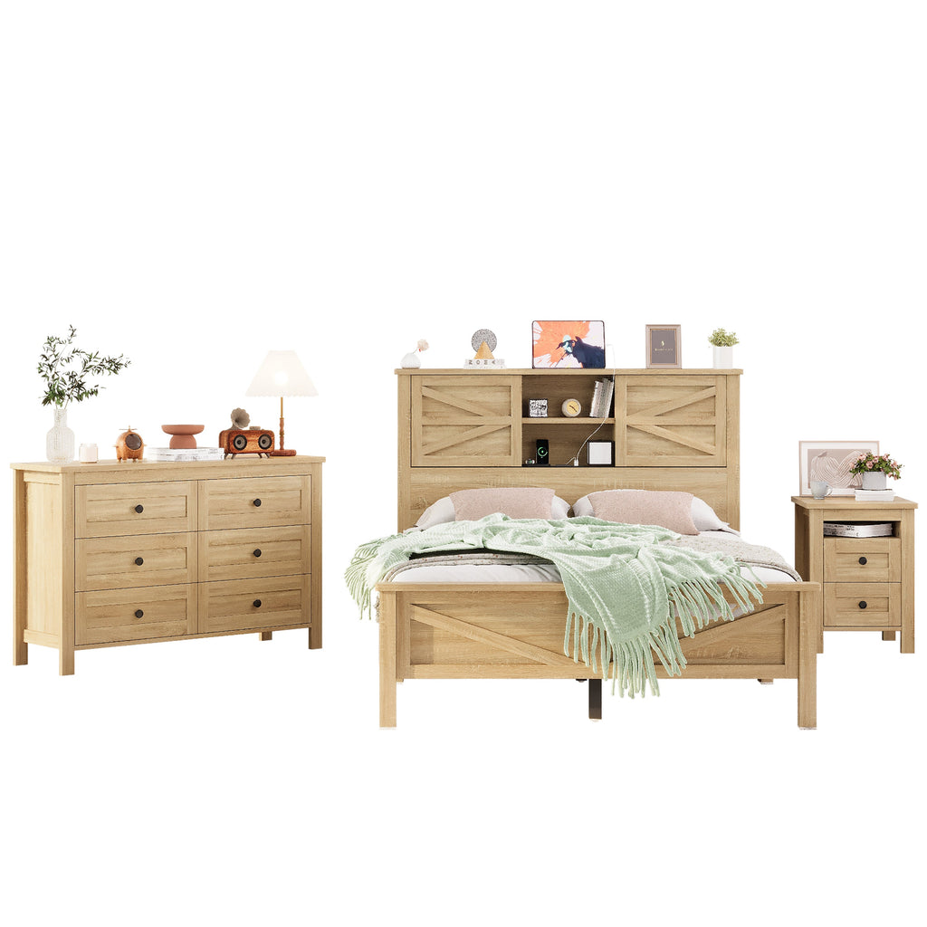 3-Pieces Bedroom Sets Full Size Farmhouse Platform Bed with Double Sliding Door Storage Headboard and Charging Station, Storage Nightstand and Dresser, Natural