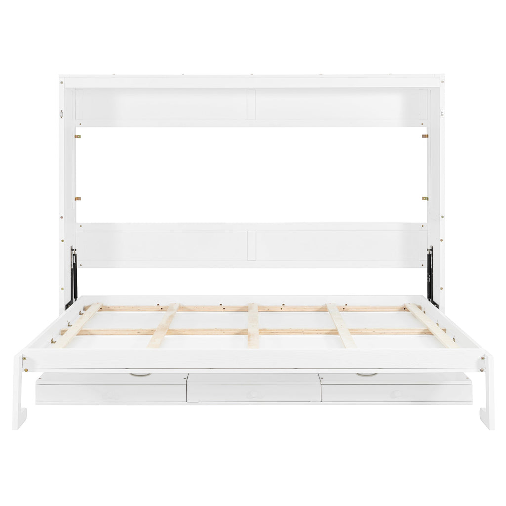 Queen Size Wall Murphy Bed with Storage, Foldable Cabinet Bed with Vanity Desk, Center Mirror & 2 Side Drawers, White