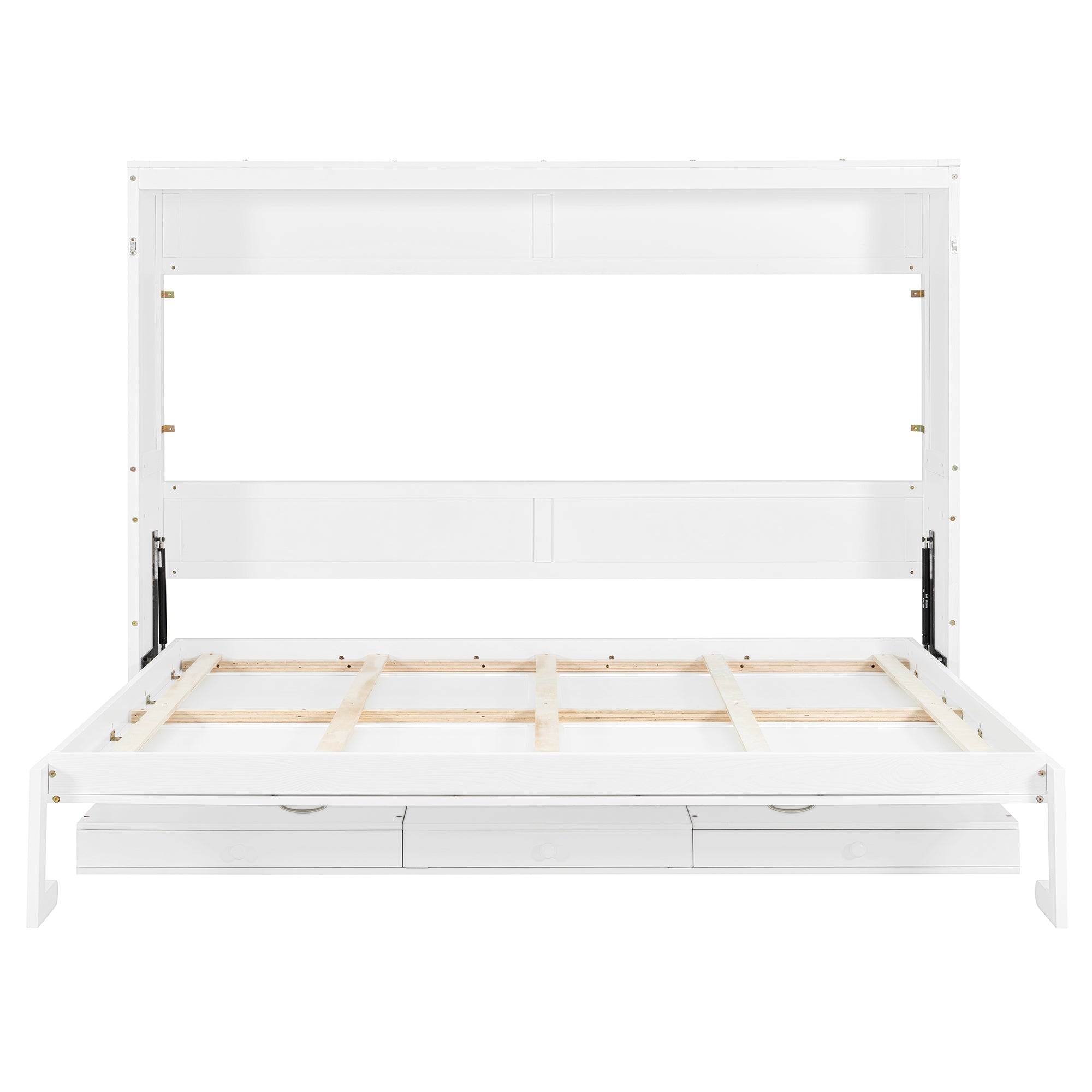 Queen Size Wall Murphy Bed with Storage, Foldable Cabinet Bed with Vanity Desk, Center Mirror & 2 Side Drawers, White