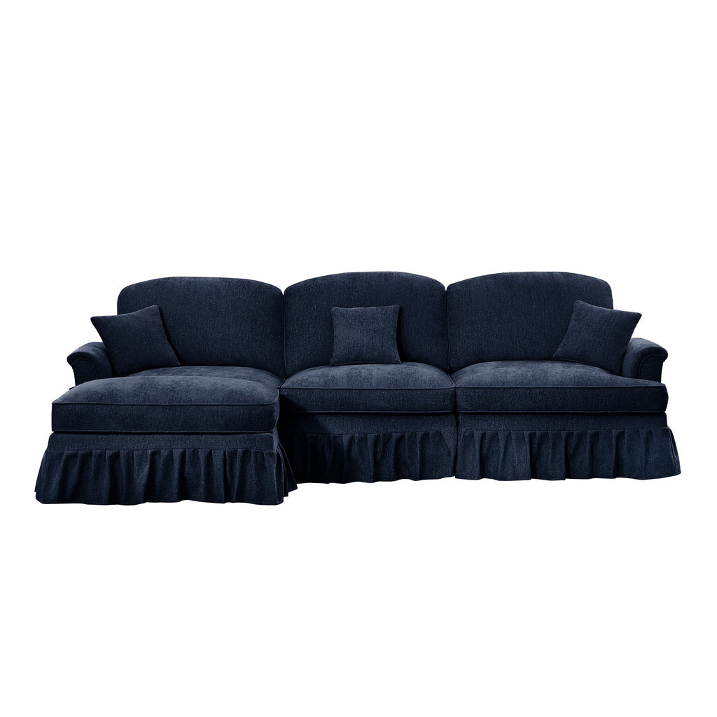 Mid Century Three Seater Modular L Shaped Sectional Couch with Flared Arms and Removable Ruffles Pleats Skirts and Spindle Legs, Comfy Chenille 3-Seat Deep Seat Sofa with Movable Ottoman,Blue