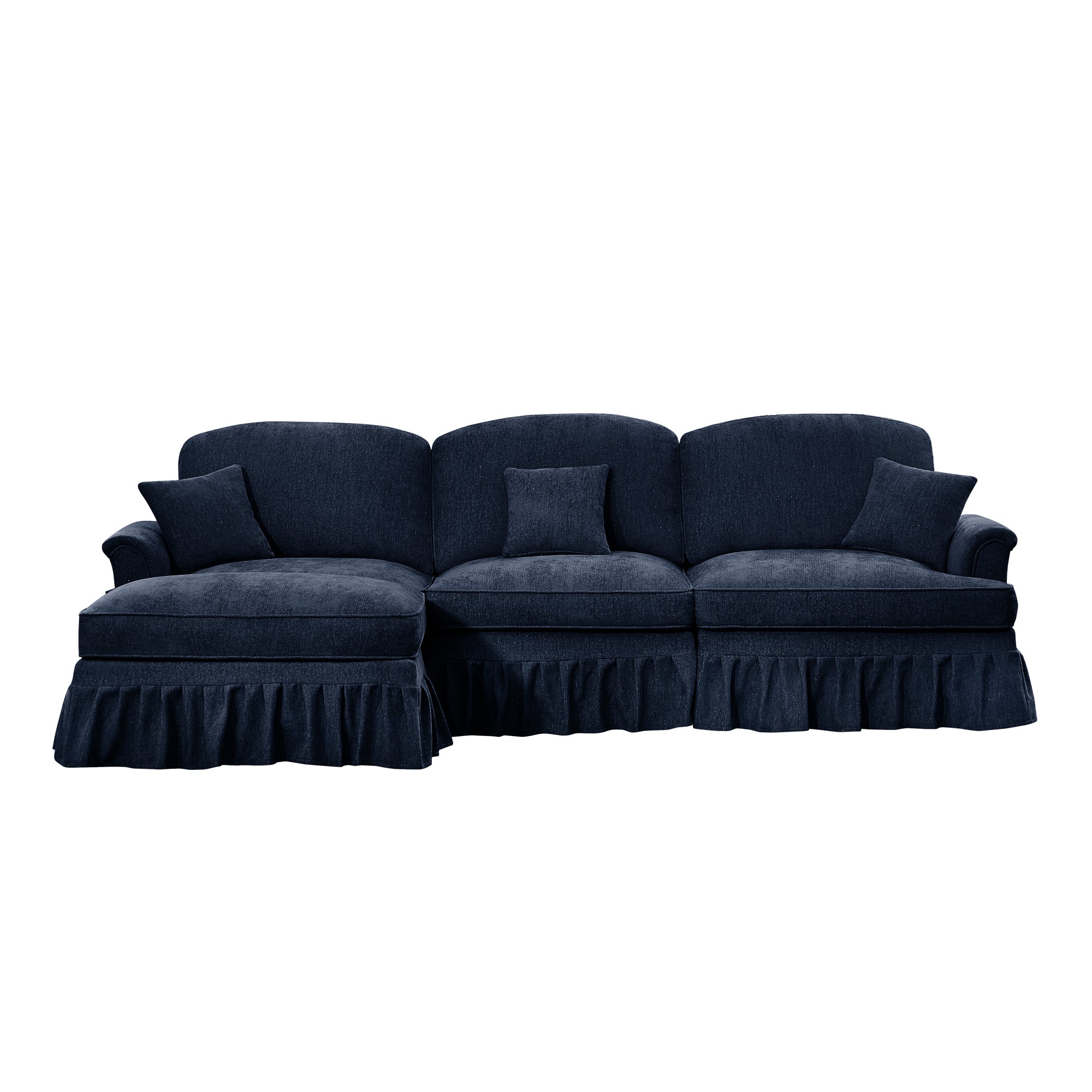 Mid Century Three Seater Modular L Shaped Sectional Couch with Flared Arms and Removable Ruffles Pleats Skirts and Spindle Legs, Comfy Chenille 3-Seat Deep Seat Sofa with Movable Ottoman,Blue