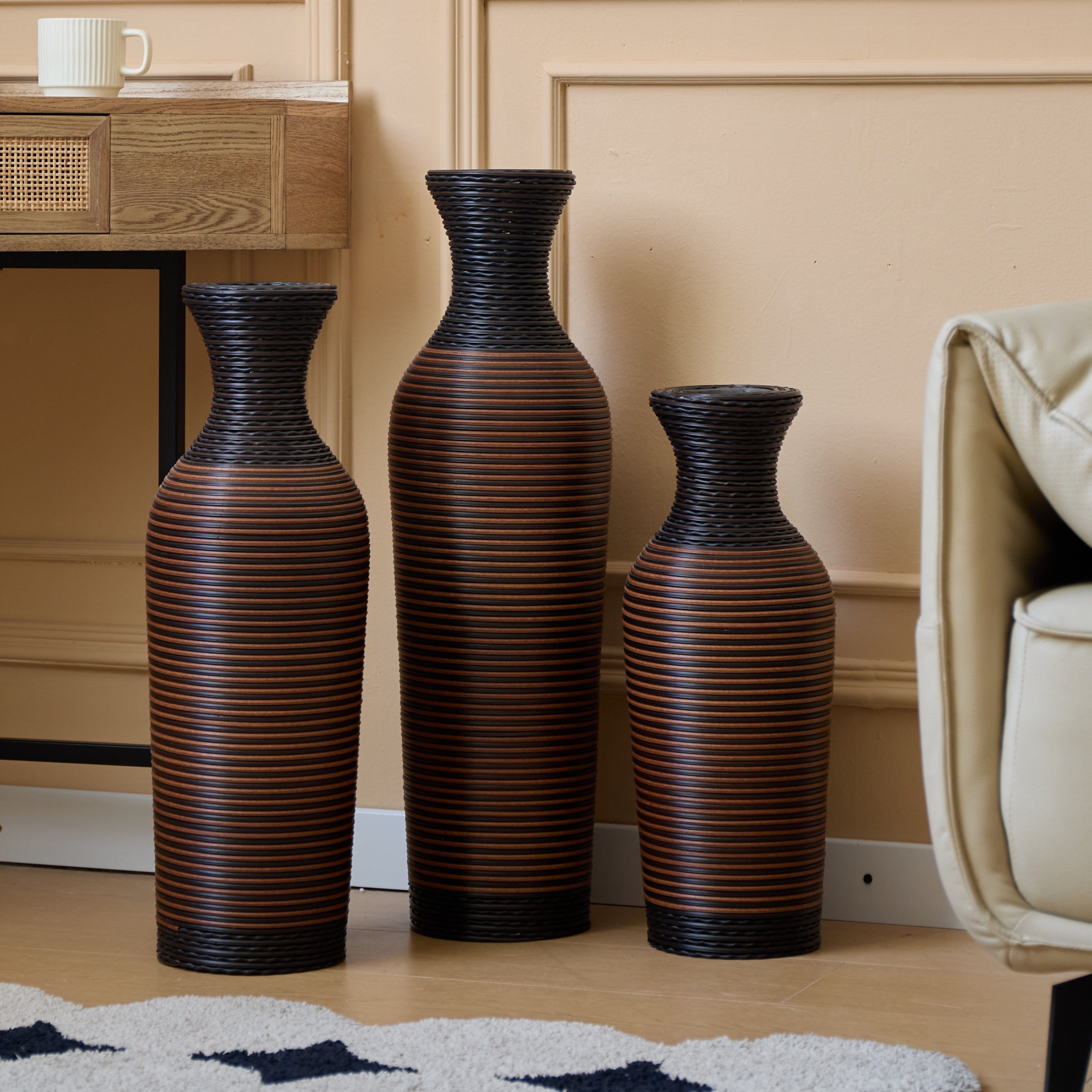 Desktop Vase, Brown Decorative Floor Vase, Classic and Neat Floor Vase, High Independent Flower Stand, Artificial Vine Vase, PVC Floor Vase, Home Decoration Flower Stand Set of 3 pieces