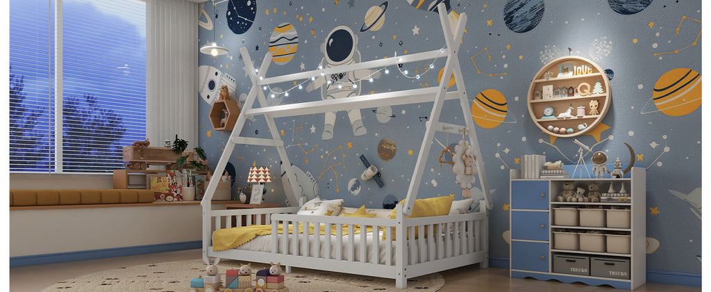 Twin House Bed with Light, Low Floor House Bed with Fence and Roof for Kids Boys Girls,White(Expect arrive date 2025/7/20)