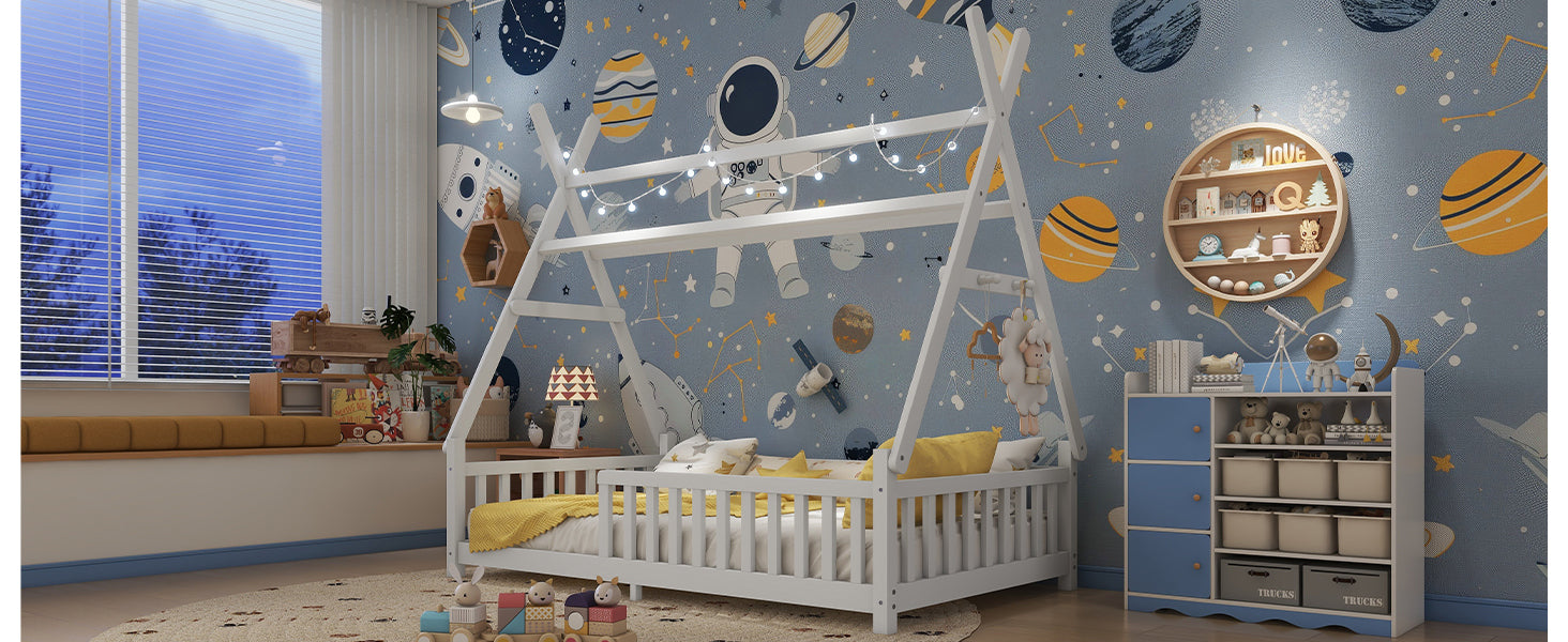 Twin House Bed with Light, Low Floor House Bed with Fence and Roof for Kids Boys Girls,White(Expect arrive date 2025/7/20)