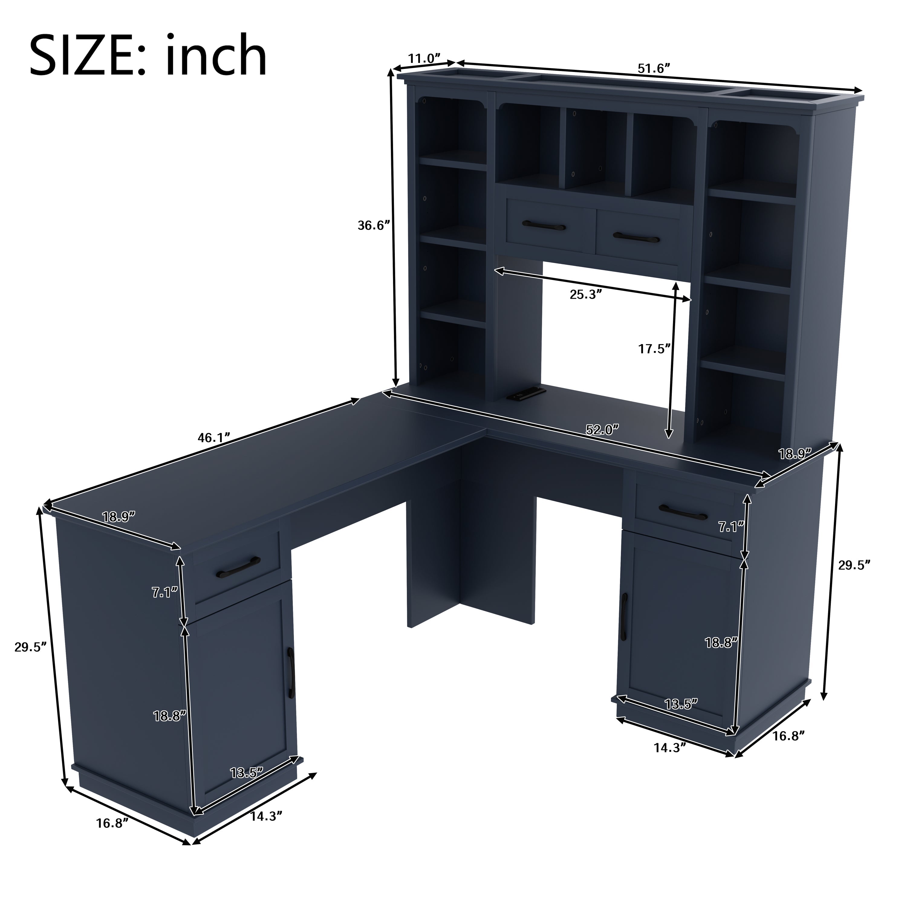 L-Shaped Computer Desk with 2 Cabinets and 2 Drawers, 11 Open Shelves, with Power Outlet, for Study, Living Room and Office, Antique Blue