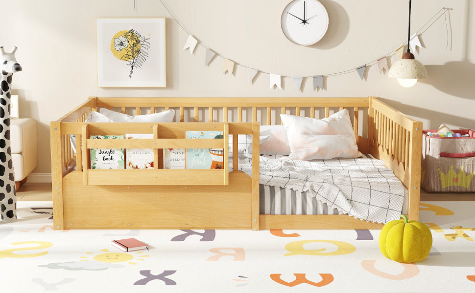 Full Floor bed with Heightened Fence and bookshelf ,Wood Floor Bed for Kids,Natural.