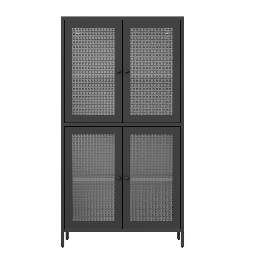Classic Metal Storage Cabinet Display Cabinet with 4 Glass Doors 4 Shelves Cabinet  Bookcase Side Cabinet for Home Office Living Room Kitchen Hallway - Black, Waffle Grids Tempered Glass