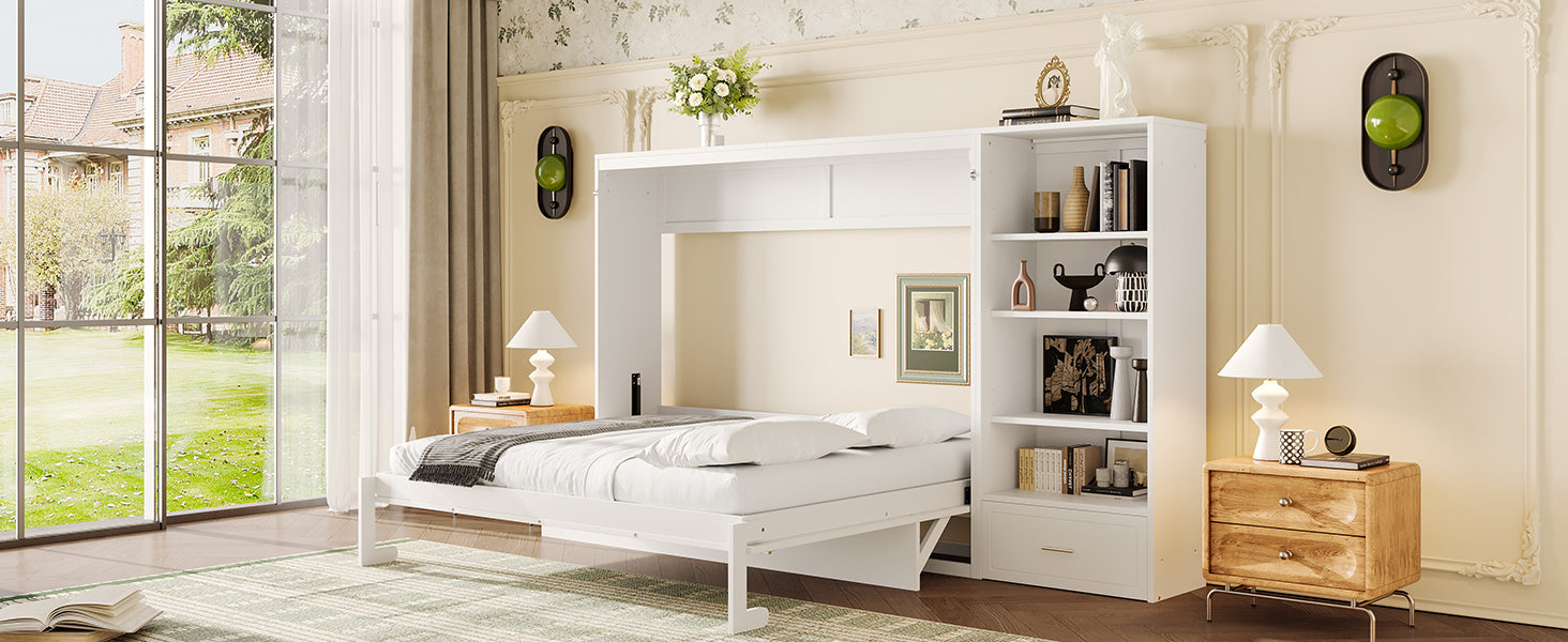 Queen Size Murphy Bed with Height Adjustable Storage Compartments and Shelf, Wall Bed Frame With 1 Drawer, Multifunctional Foldable Platform Bed for Small Space,Bedroom,Guest Room, White