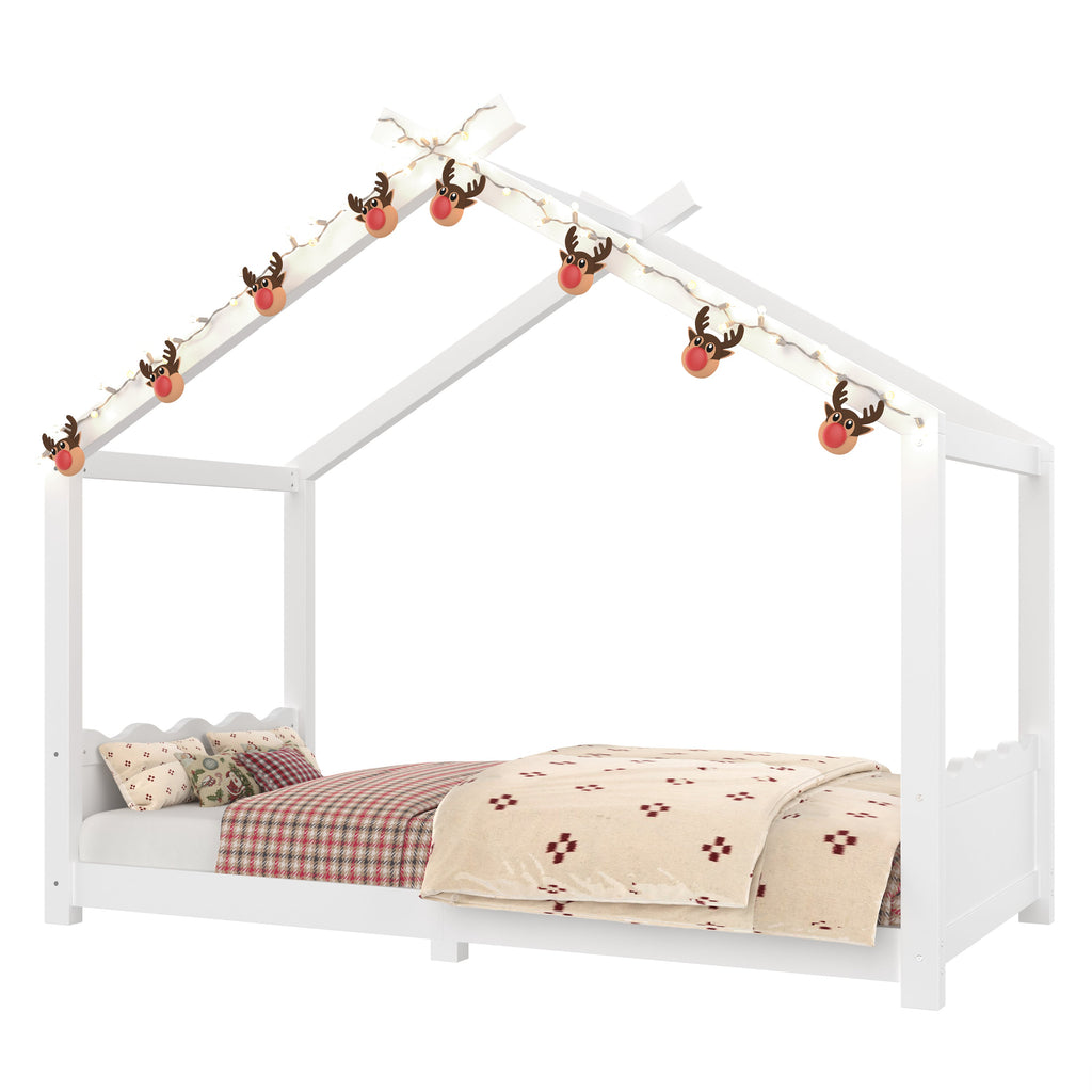 Twin House Floor Bed with Support Slats, Solid Wood House Bed Frame for Kids, No Box Spring Needed and Opening Constructure, White