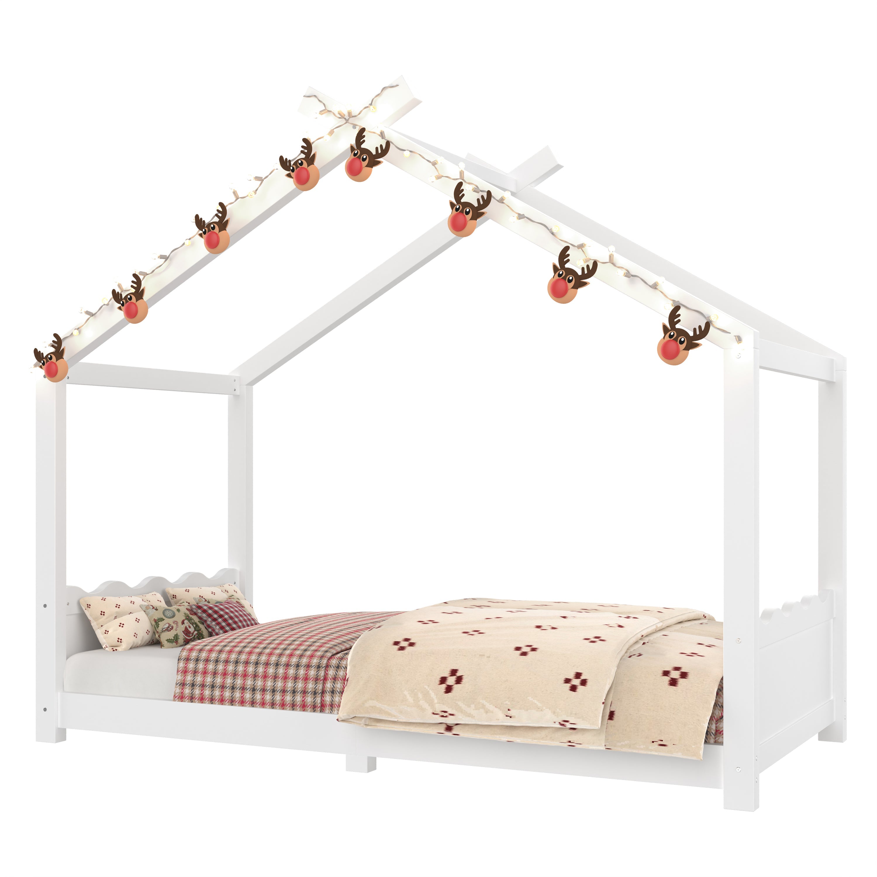 Twin House Floor Bed with Support Slats, Solid Wood House Bed Frame for Kids, No Box Spring Needed and Opening Constructure, White