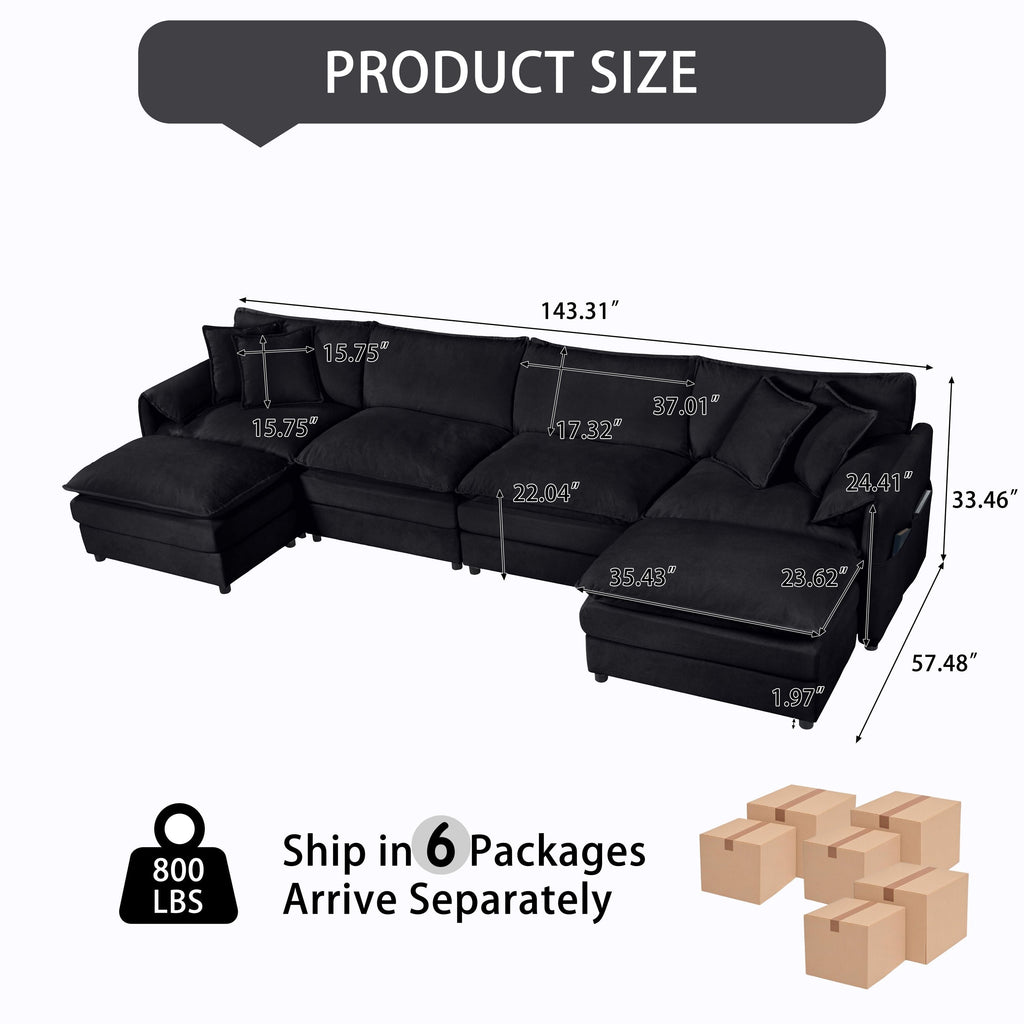 Modular Sectional Sofa, Oversized Deep Seat U Shaped Couch Set for Living Room, 4-Seater Comfy Cloud Couches with Two Movable Ottomans, DIY Combination, Chenille,Black