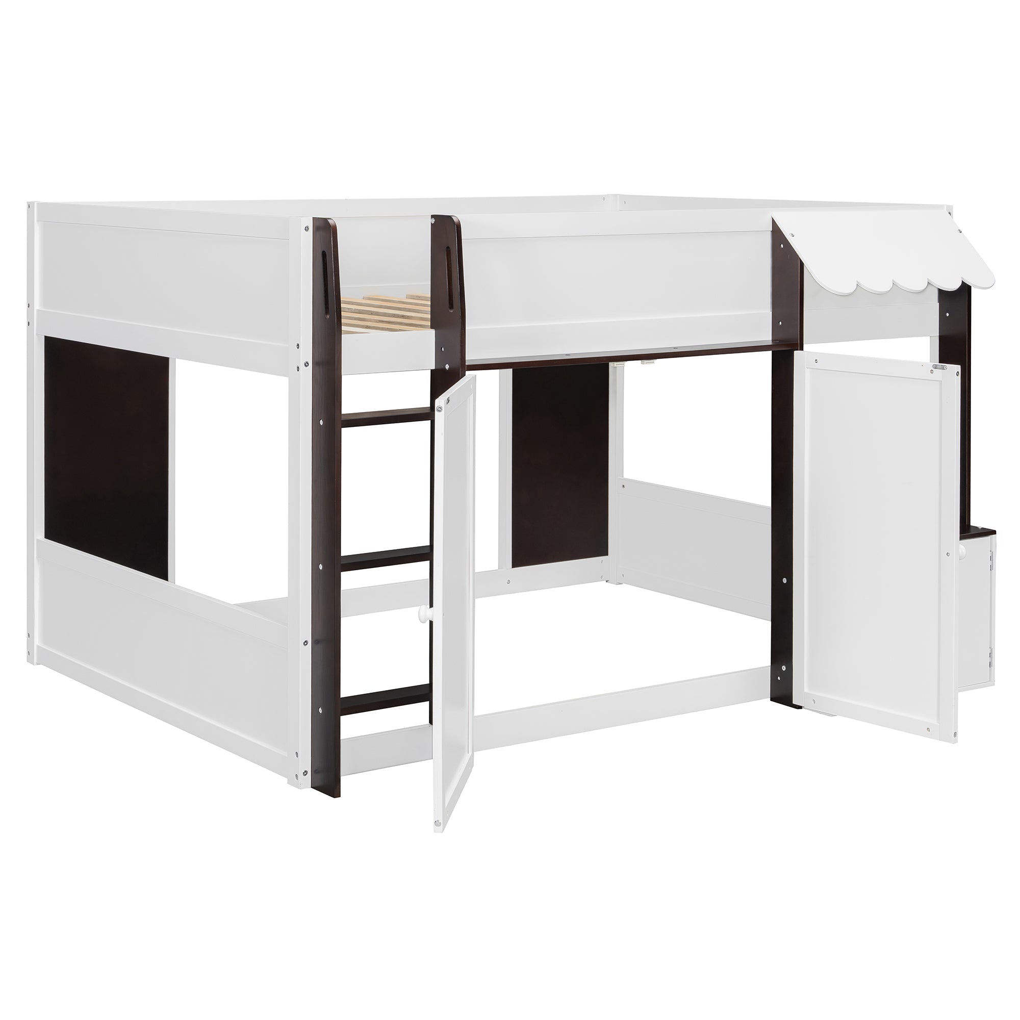 Full Loft House Bed with Playhouse & Storage, Modern Wood Cabin Bed for Kids/Teens, White+Espresso
