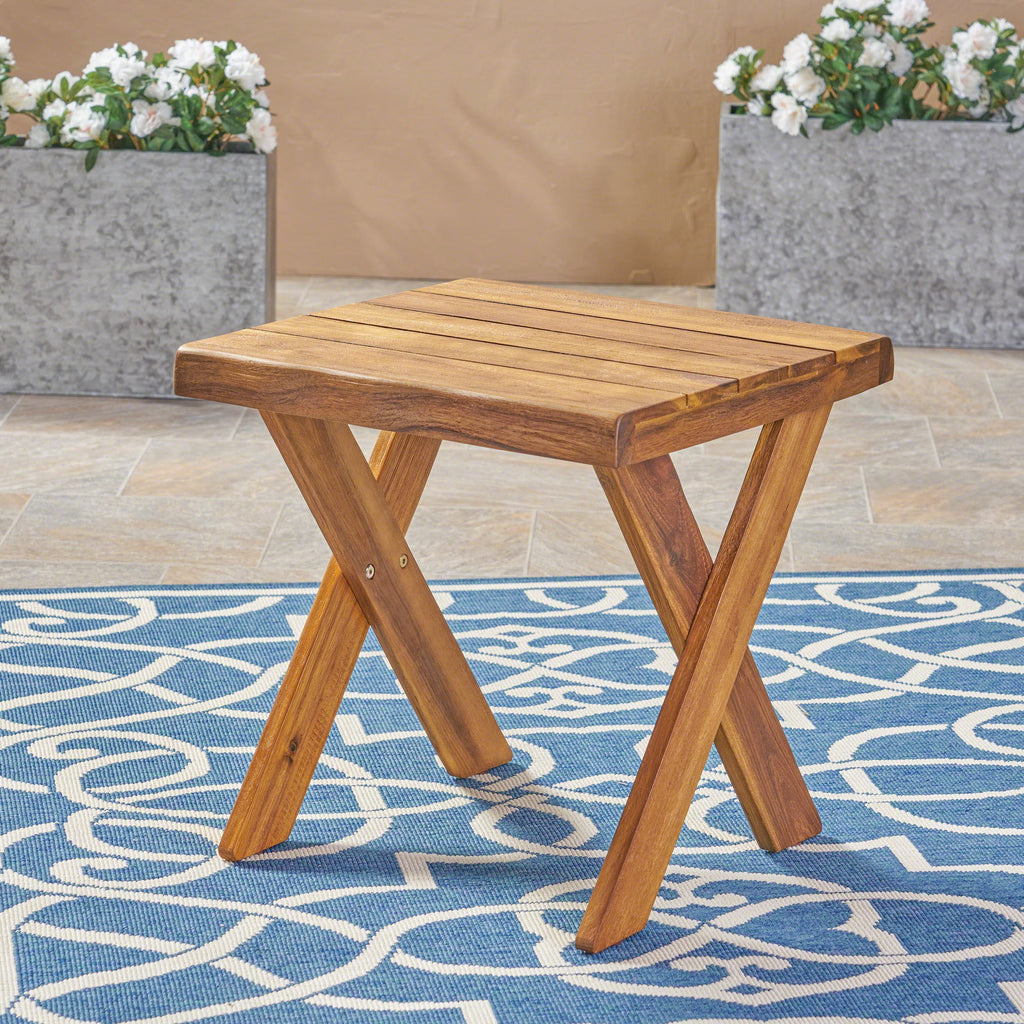 Passion Outdoor Side Table with Cross Base and Slatted Top, Teak