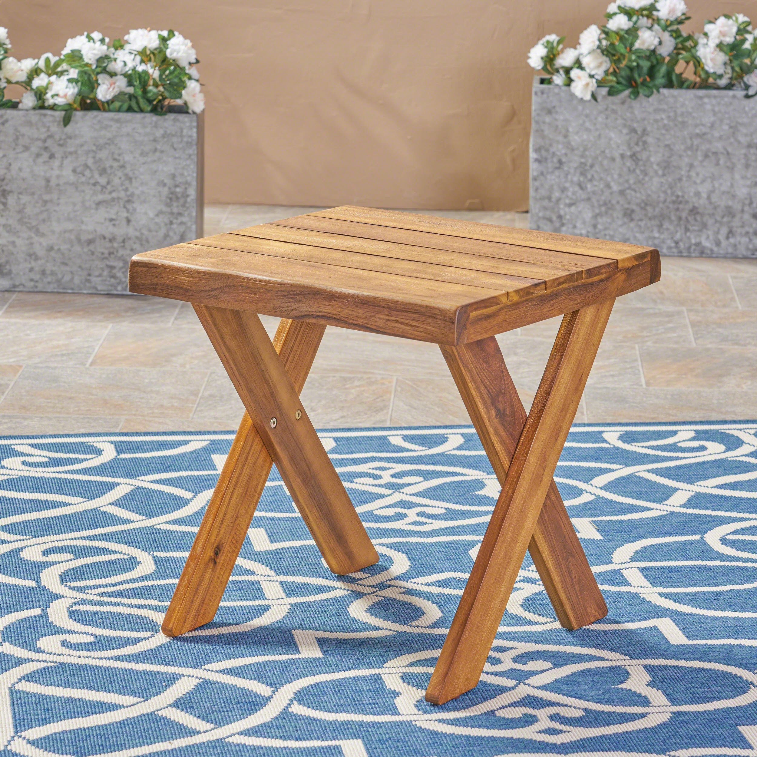 Passion Outdoor Side Table with Cross Base and Slatted Top, Teak