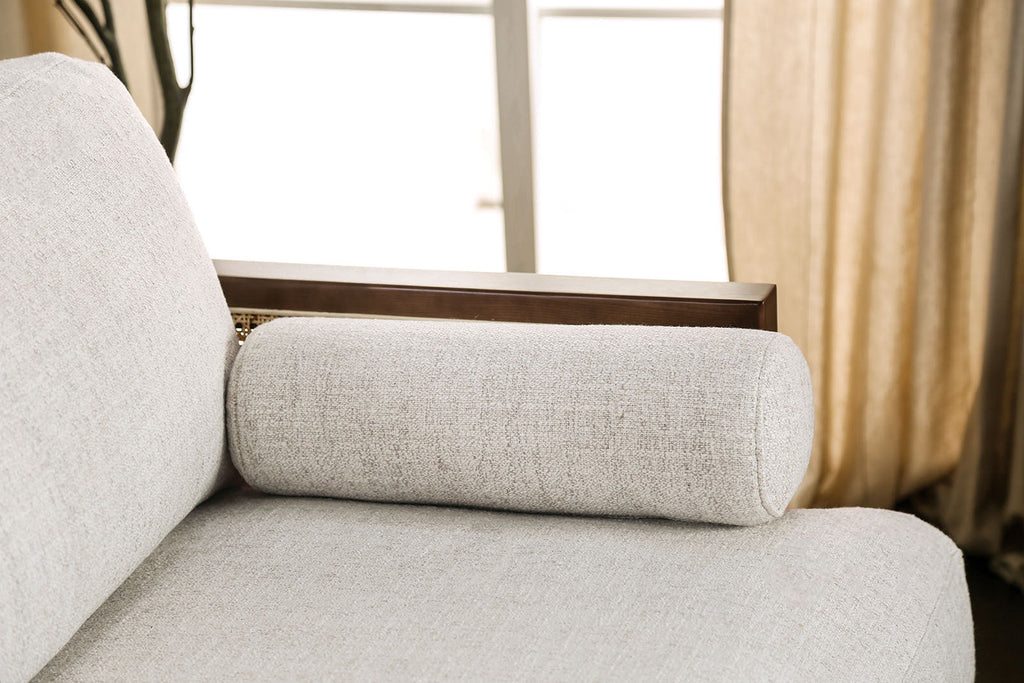 Beige And Walnut Finish Beautiful Chair Tapered Legs Loose Pillow Back Ash Wood Trim Side Bolster Pillows Mid-Century Modern