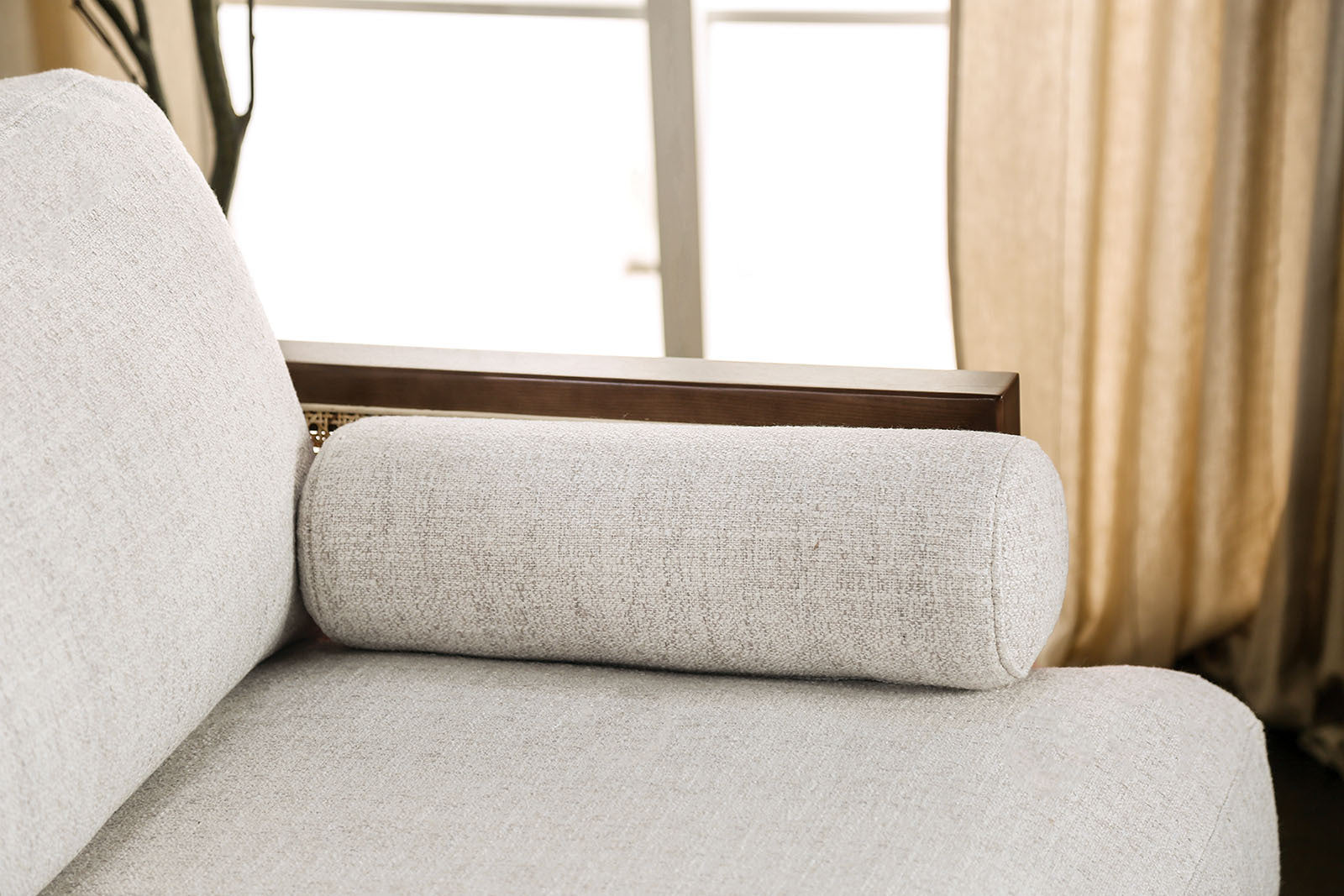 Beige And Walnut Finish Beautiful Chair Tapered Legs Loose Pillow Back Ash Wood Trim Side Bolster Pillows Mid-Century Modern