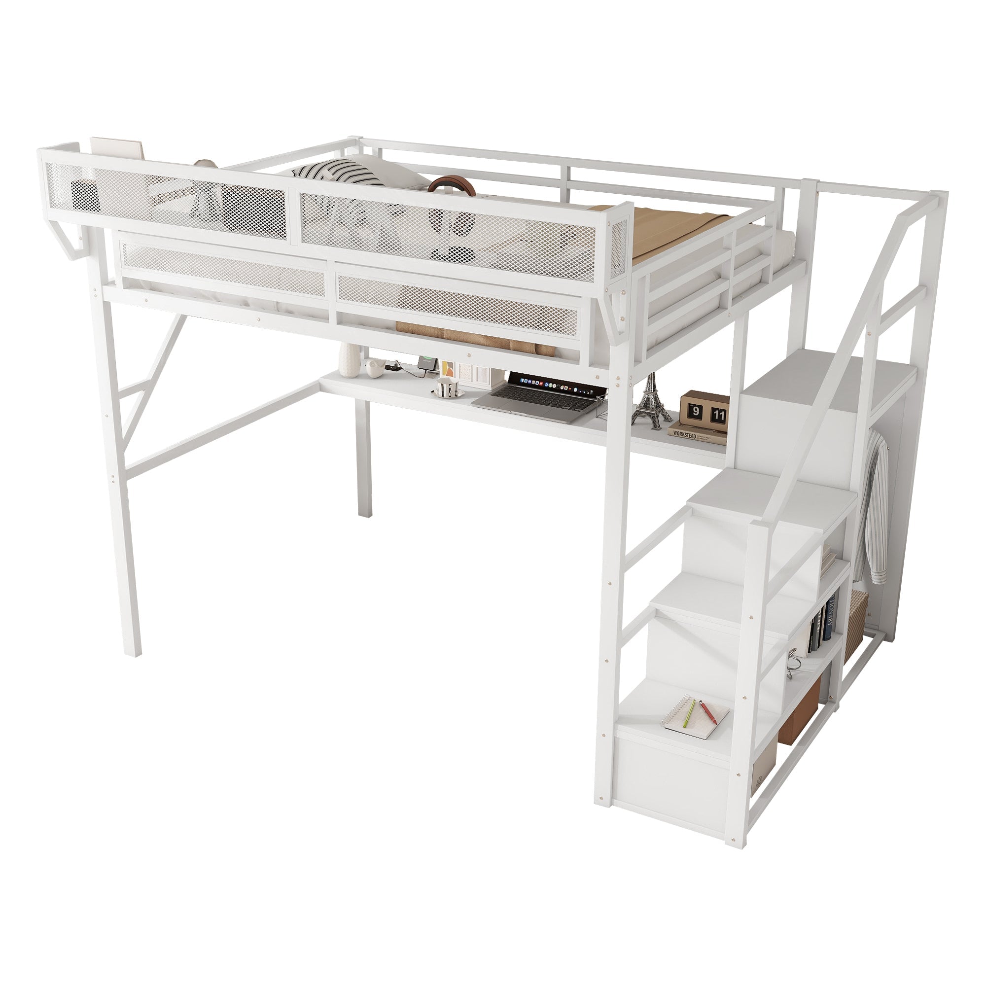 Queen Loft Bed with Desk and Charging Station, Queen Size Metal Loft Bed with Stairs and Light for Kids Teens,White(Old SKU W2580S00033)